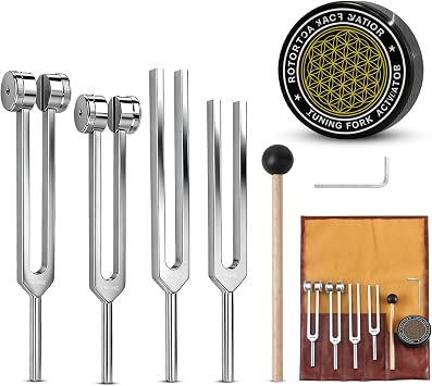 Tuning Forks for Healing Set 128Hz, 136.1Hz, 256Hz, 384Hz with Activator & Wooden Mallet, Chakra Healing, Sound Therapy, Reiki, Yoga, Energy Balancing Tools