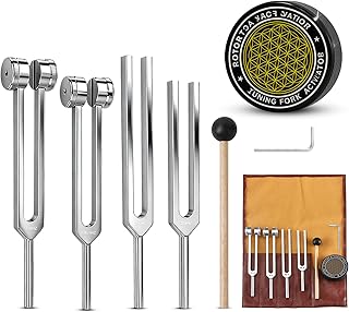 Tuning Forks for Healing Set (128Hz, 136.1Hz, 256Hz, 384Hz) with Activator & Wooden Mallet, Chakra Healing, Sound Therapy, Reiki, Yoga, Energy Balancing Tools