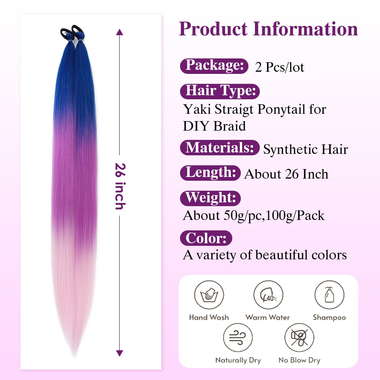 S-noilite Ombre Ponytail Hair Extensions with Hair Tie for Women Girls,Colored Synthetic Hairpiece Daily Party Costume DIY Braiding,26inch 2pcs,Blue to Purple to Pink - Image 2