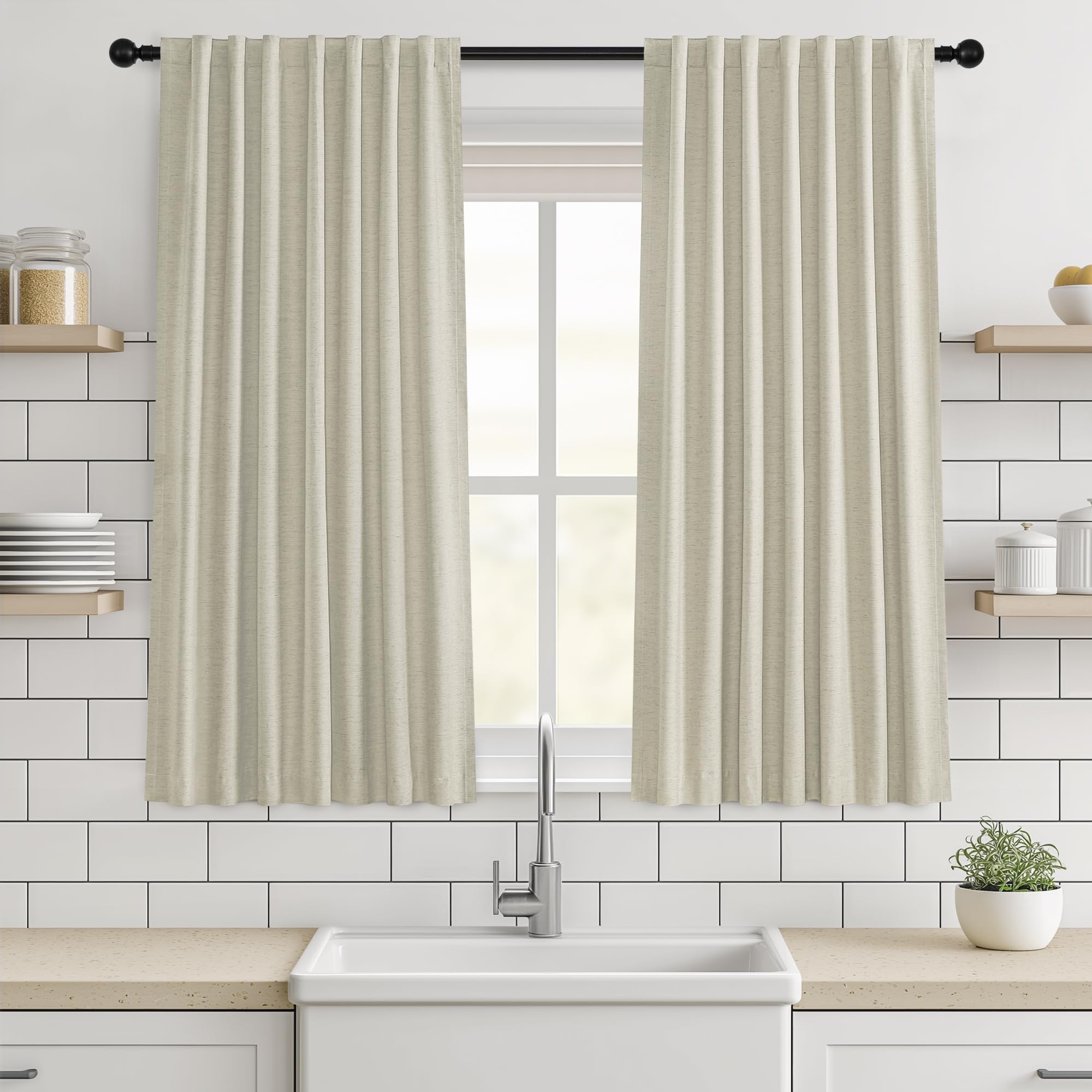Cortinas opacas para dormitorio, sala de estar, 137 cm de largo, oscurecimiento de la habitación, aislamiento térmico, reducción de ruido, cortinas texturizadas de lino avena con pestaña