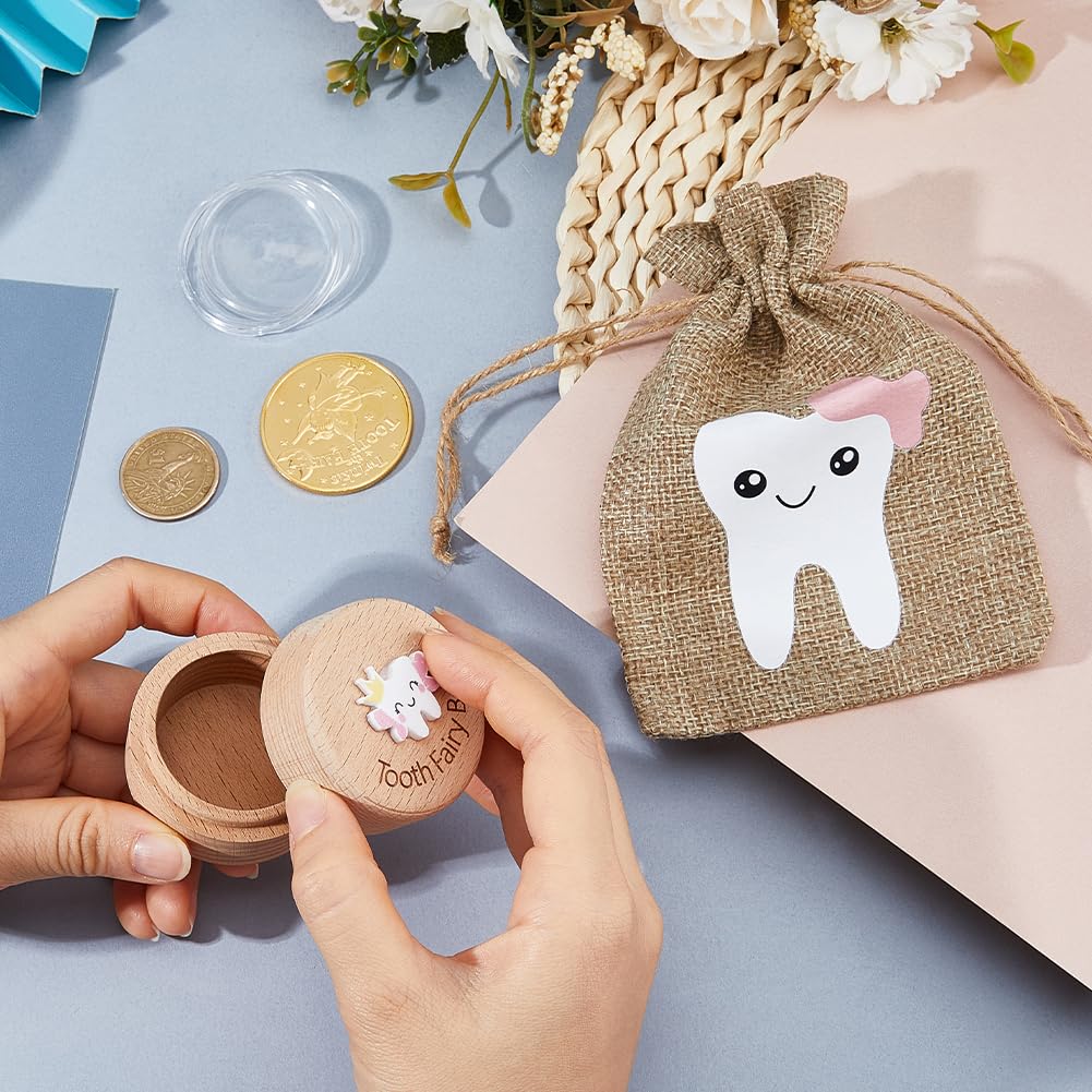 SUPERFINDINGS 1 Set Wood Tooth Fairy Box with Fairy Reward Coin and Linen Pouches Pink Dropped Tooth Keepsake Collection Storage Box for First Lost Teeth Fairy Gifts - Image 3