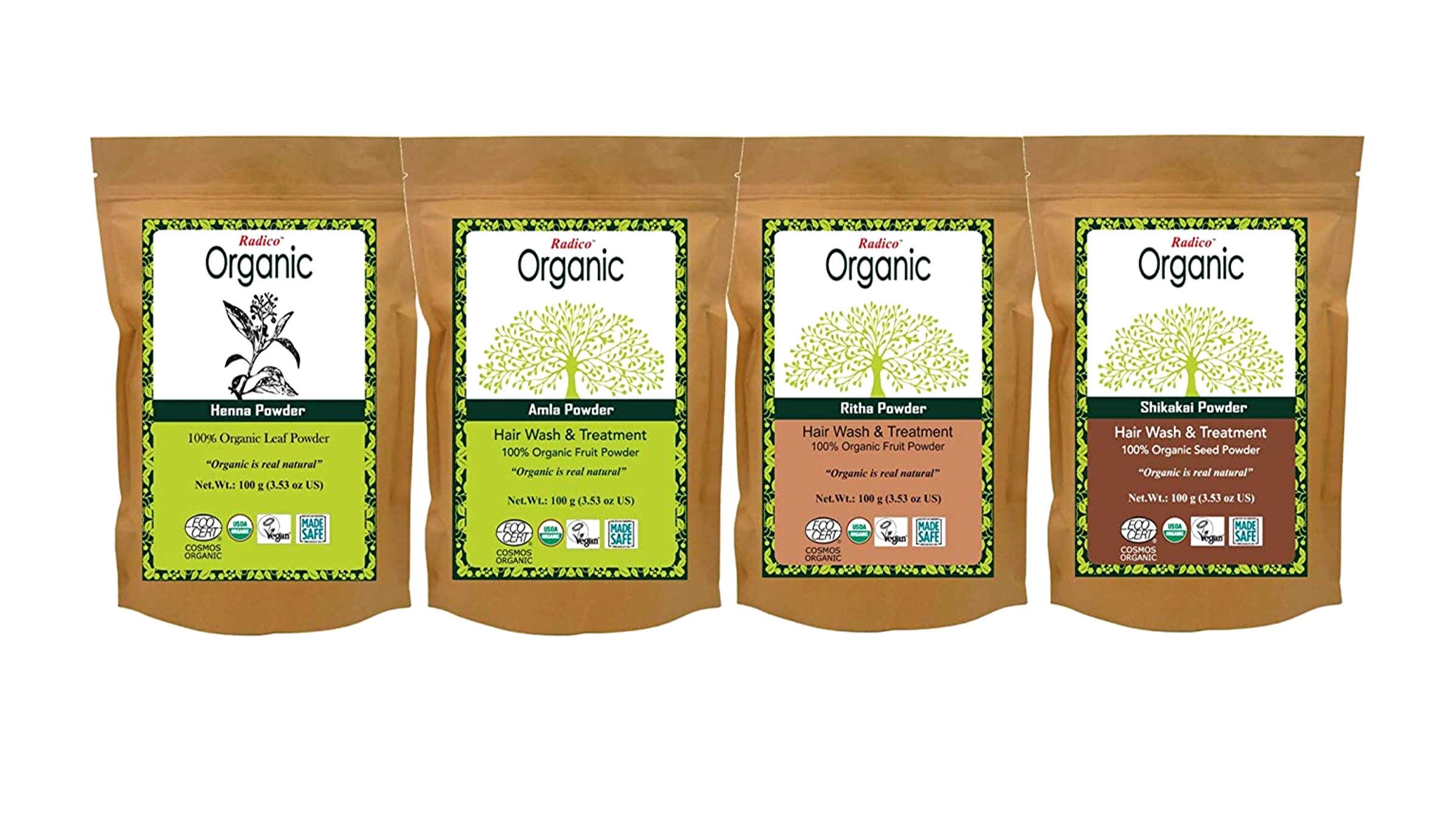 (Combo Pack) Radico 100% Organic Henna + Amla + Ritha + Shikakai Powder - 100 gm