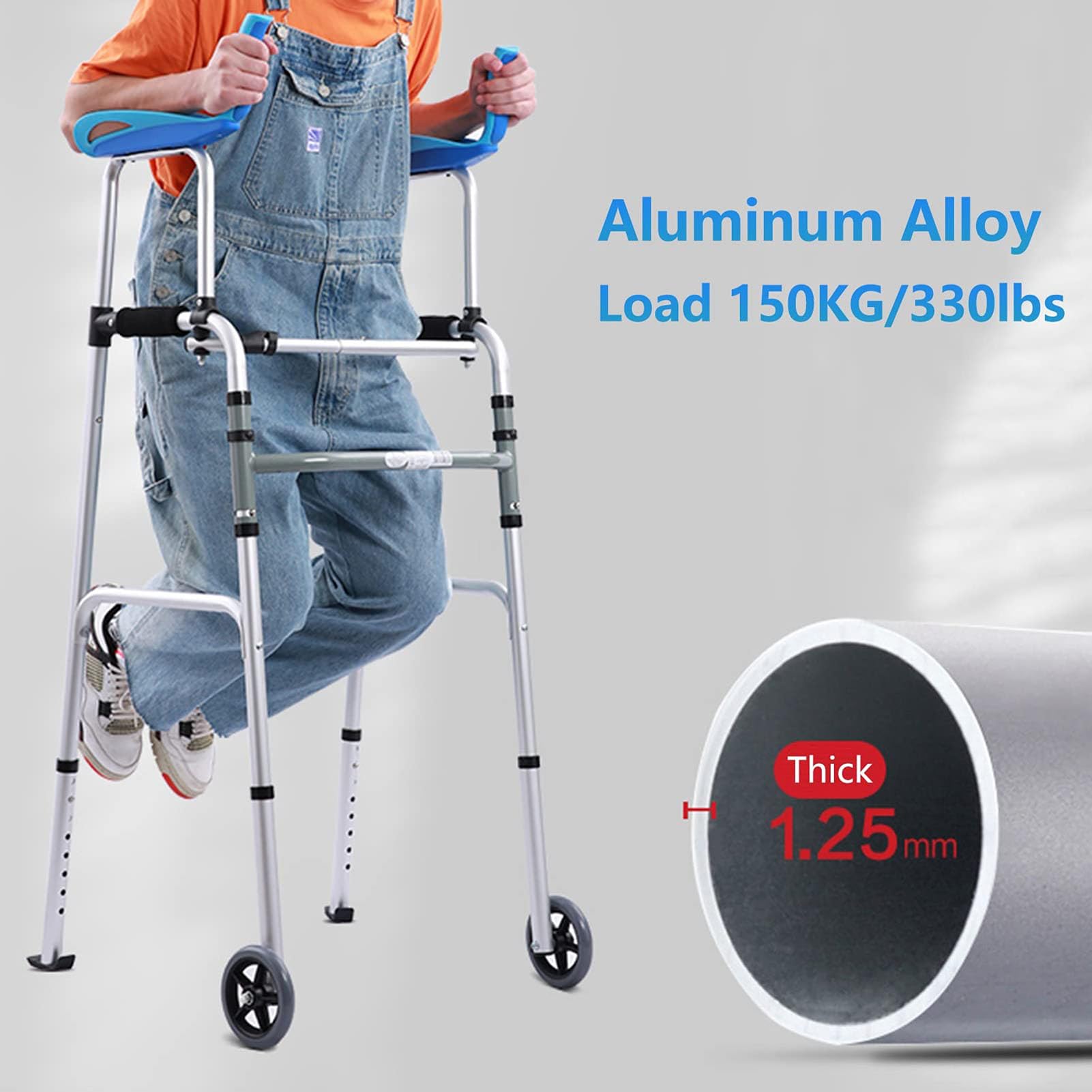 Andador Portátil para Adultos, Andador con Ruedas, Altura Ajustable, Apoyabrazos y Respaldo Acolchados, Andador Médico Ideal para Personas Discapacitadas, 8 Niveles de Altura