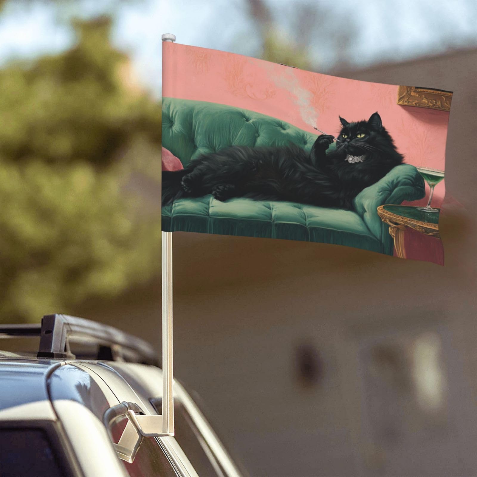 Black Cat On Green Velvet Chaise Longe Car Flag Outdoor Window Clip 12 X 18 Inch Double Side Car Decoration