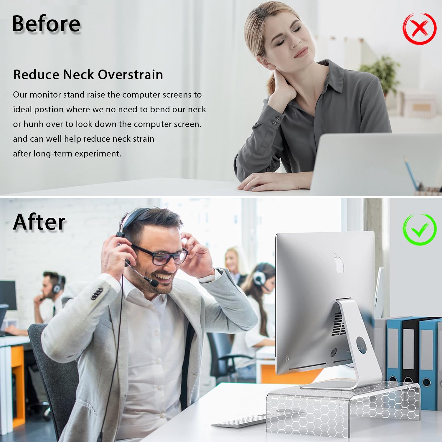 Acrylic Computer Monitor Stand Riser - Gaming Monitor Stand With LED Light Strip, Desk Shelf For Monitor, Clear Monitor Stand For Home Office, Laptop Stand With Storage, Desktop Decor, Honeycomb