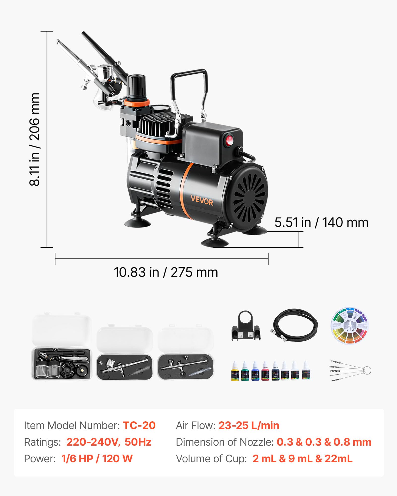VEVOR Kit Aérographe avec Compresseur d’Air 1/6 HP, Compresseur Aérographe avec 3 Pistolets à Double Action,3 Buses, Tuyau, Peinture Acrylique, 2 Ventilateurs, Décoration Pâtisserie Onglerie