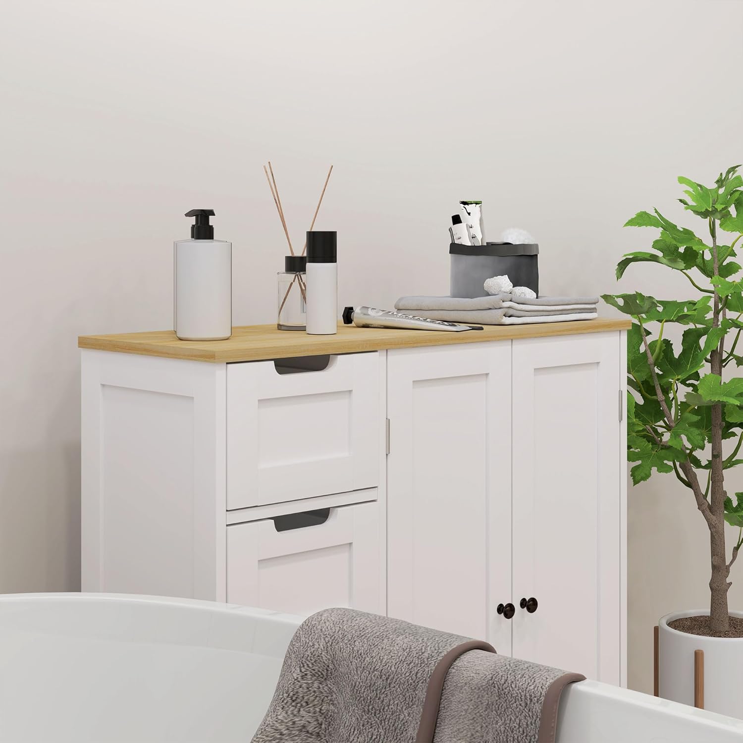 Close-up of the anti-tipping device installed on the HOMCOM Bathroom Cabinet