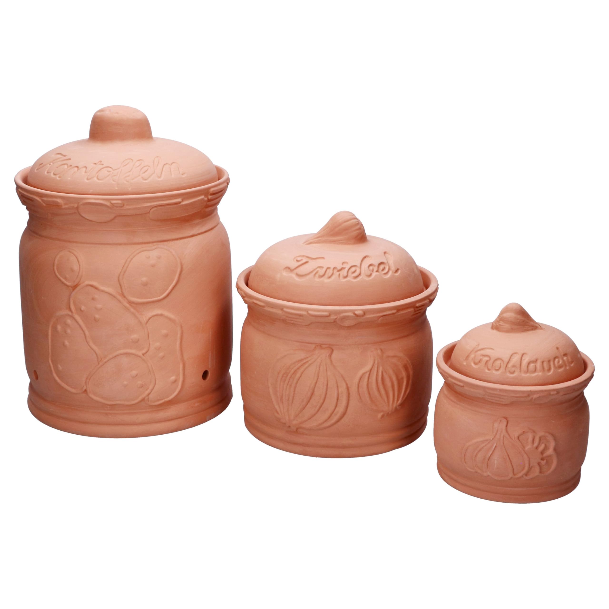 MamboCat 3er Set Terra Kartoffeltopf, Zwiebeltopf & Knoblauchtopf aus Terrakotta I Tontöpfe mit Deckel für Ihre Küche I Aufbewahrungsdose mit Relief & Schriftzug I Ideal für die Lange Lagerung