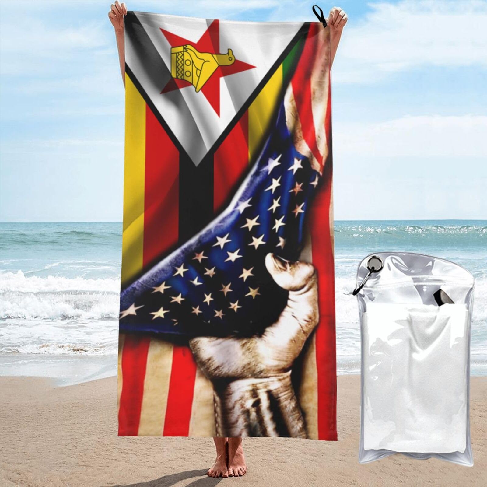 HACXZ Bathroom Beach Towels America Flag and Zimbabwe Flag Large Camping Towel Microfiber Beach Towel