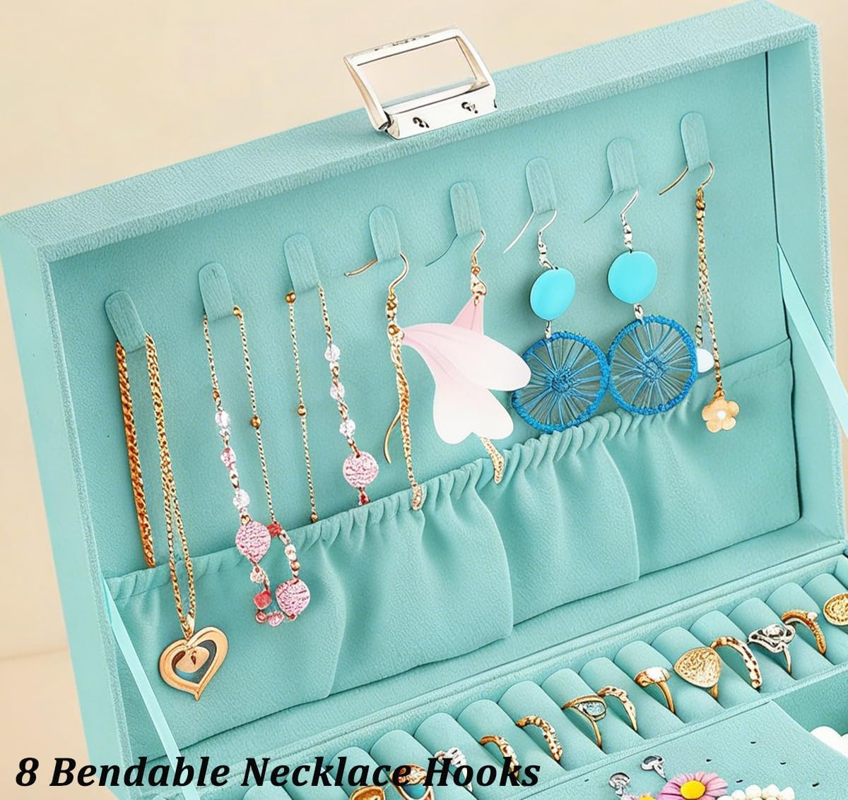Jewelry Boxes for Women Teal Velvet Jewelry Organizer with Lock,Teen Jewelry Organizers and Storage Earring and Necklace Holder Organizer Box Womens Jewelry Box for Necklaces Earrings Rings Bracelets - Image 3