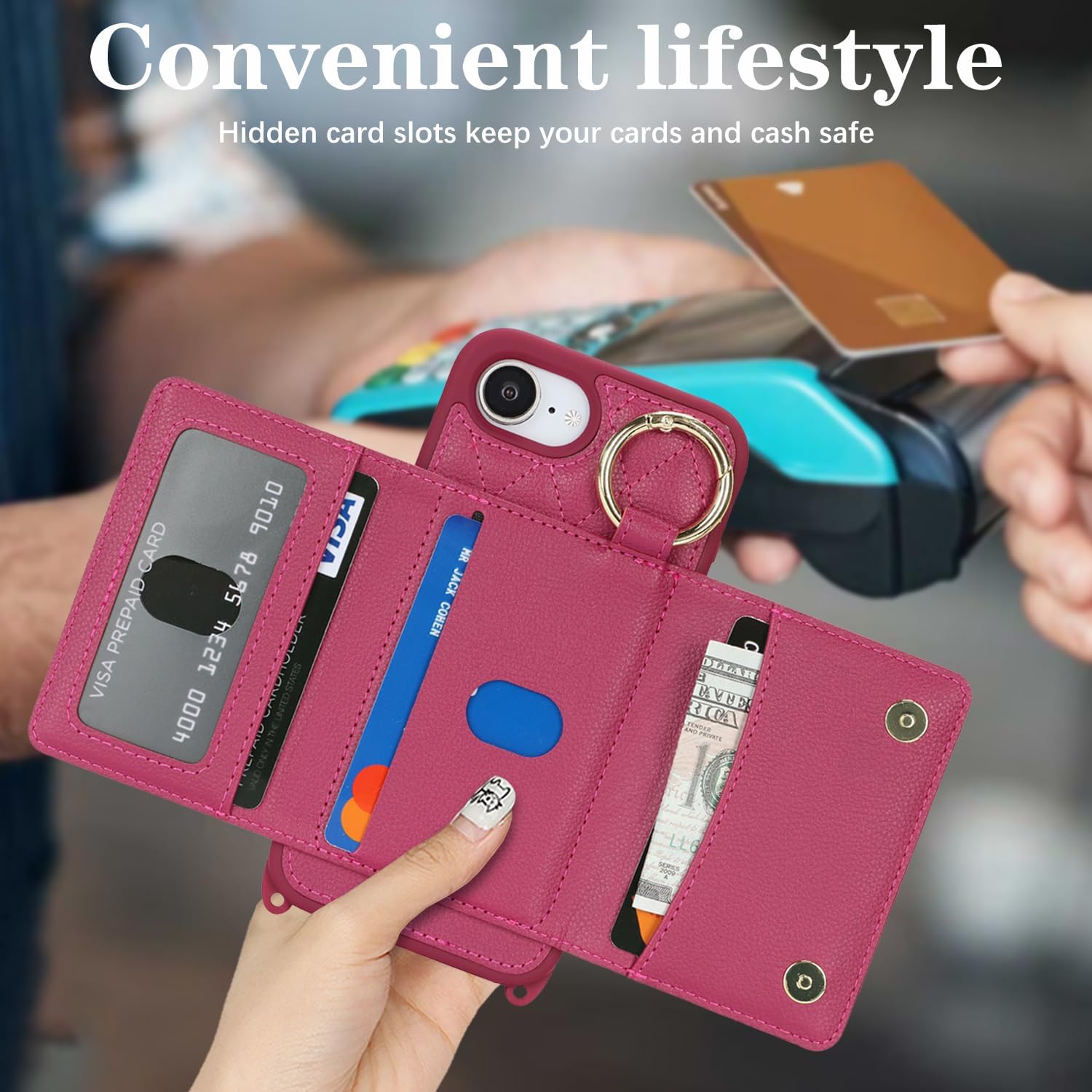 for iPhone 17e / 16e Case with Card Holder and Strap for Women,Crossbody Lanyard, Make Up Mirror,Ring Stand,Snap Clasp,Cute Phone Wallet Cases 6.1 inch - Rose red