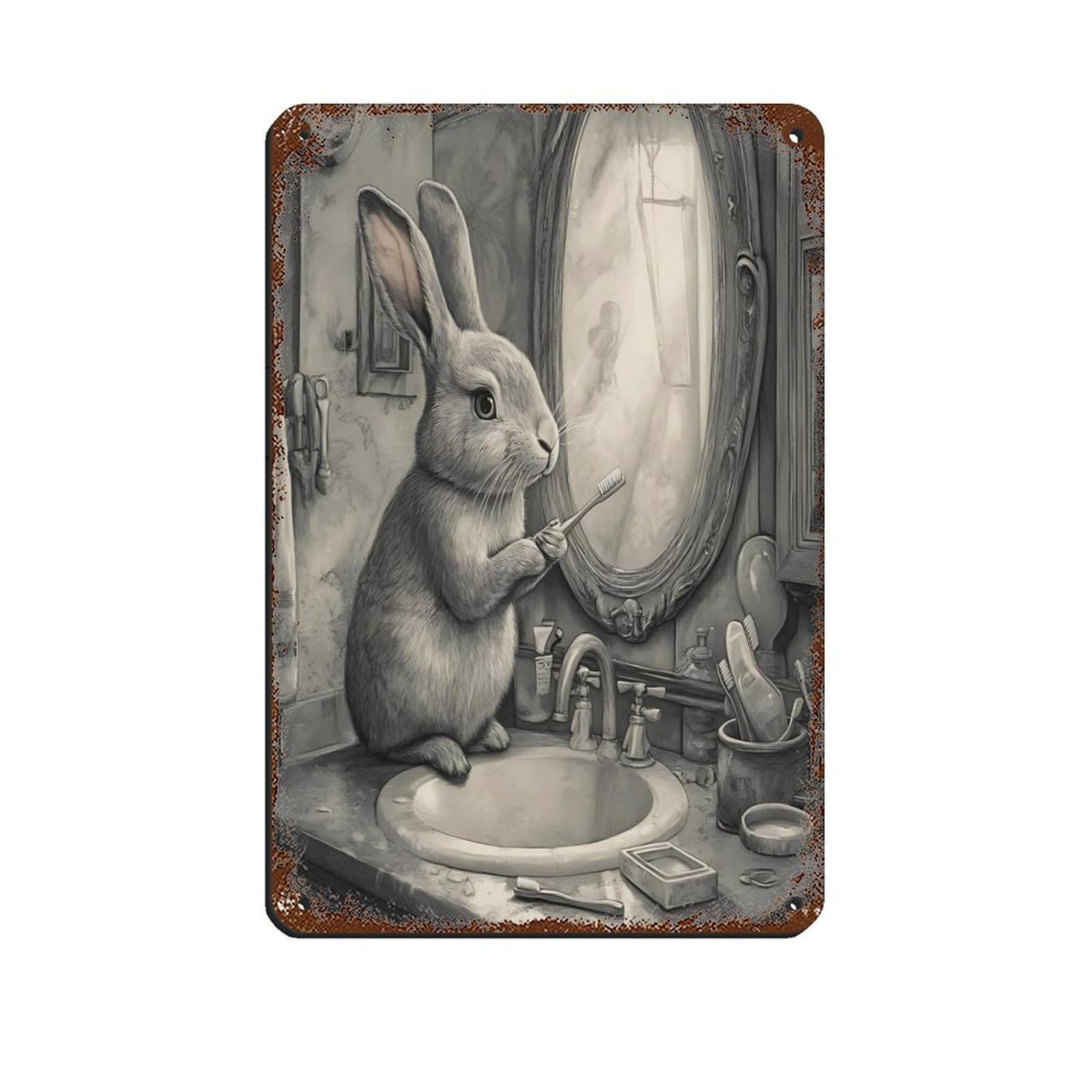 Whimsical Rabbit Bathroom Art Retro Poster Metal Tin Sign Chic Art Retro Iron Painting Bar People Cave Cafe Family Garage Poster Wall Decoration 8x12inch(20x30cm)