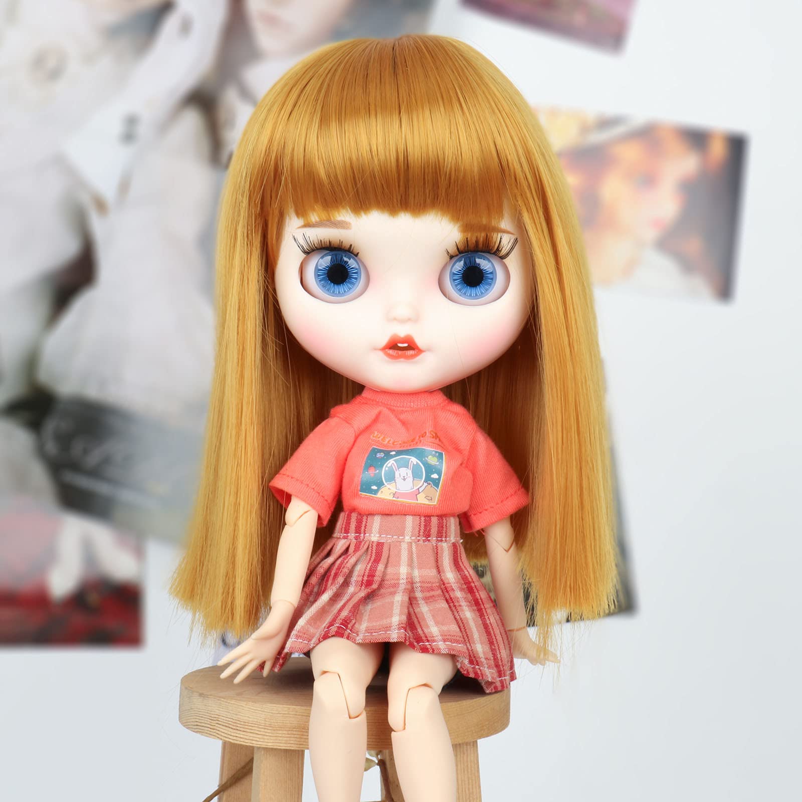 Missuhair 前髪と高温の髪のミディアムとロングのストレートヘアブライス Blythe 人形のウィッグ9-10インチサイズ24CM-27CMのヘッド手作り人形アクセサリー用に作られました (ゴールド)