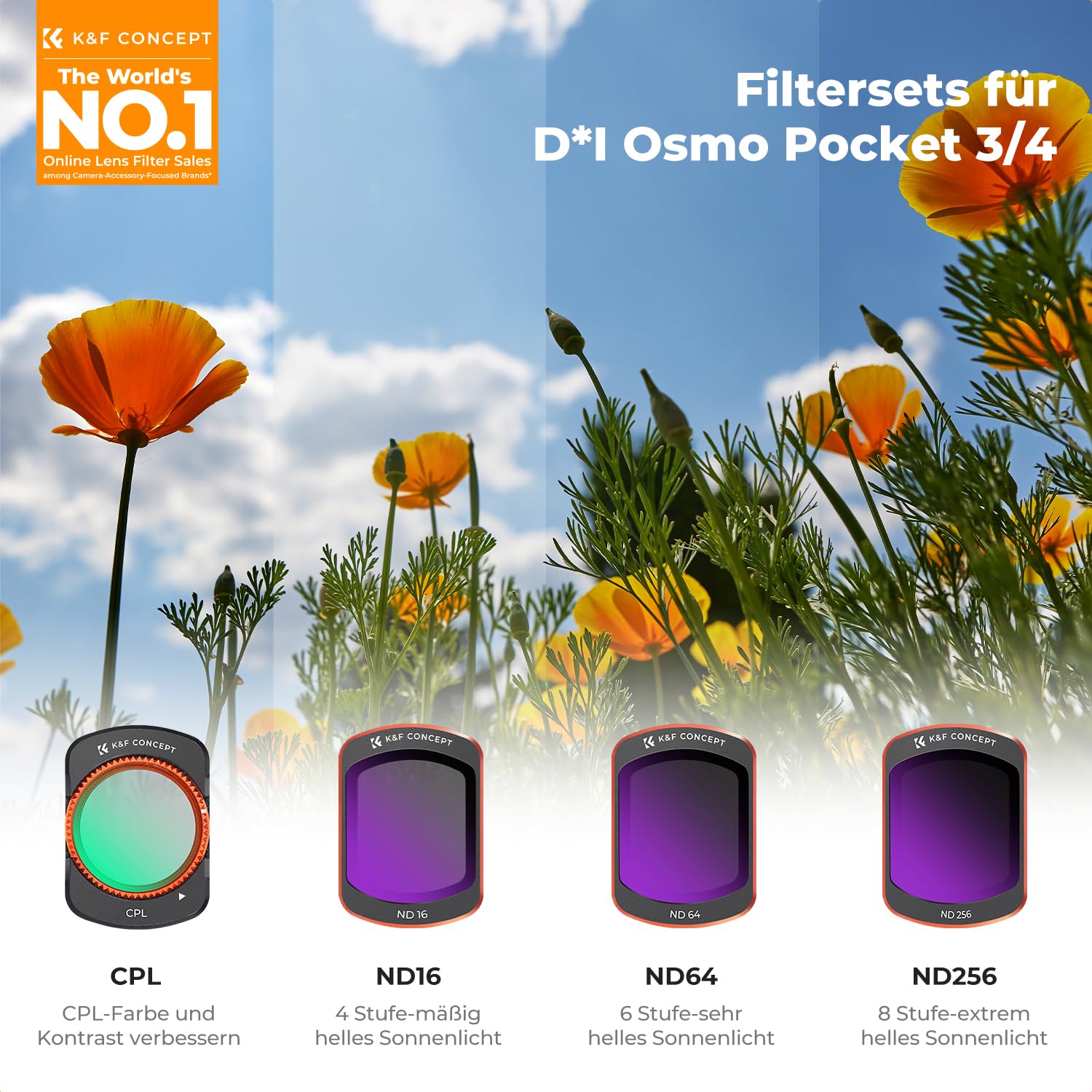 K&F CONCEPT FD161 magnetisches ND Filter Set, kompatibel mit DJI Osmo Pocket 3/4, 4er Pack, CPL Filter, ND16, ND64, ND512 Filter, Osmo Pocket 3 Zubehör, Osmo Pocket 4 Zubehör(Aluminiumrahmen)