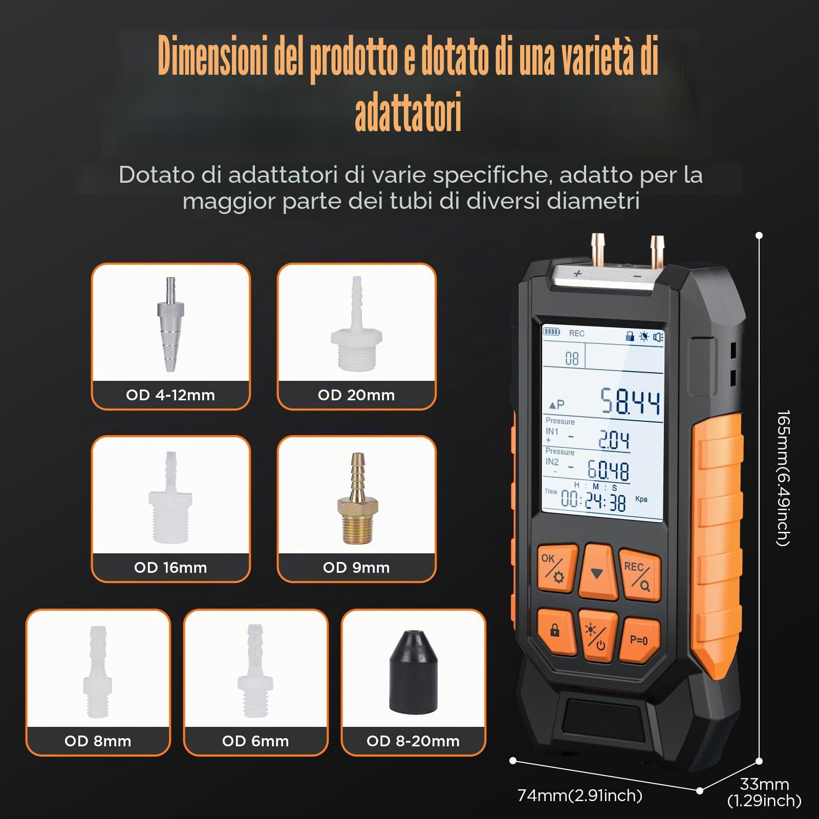 Manometro Digitale, Manometro Differenziale Professionale Intervallo di Misurazione 100-200 Kpa, Tester di Pressione Aria/Gas, Manometro HVAC a Doppia Porta, 10 Unità, Precisione ± 0,3% FS