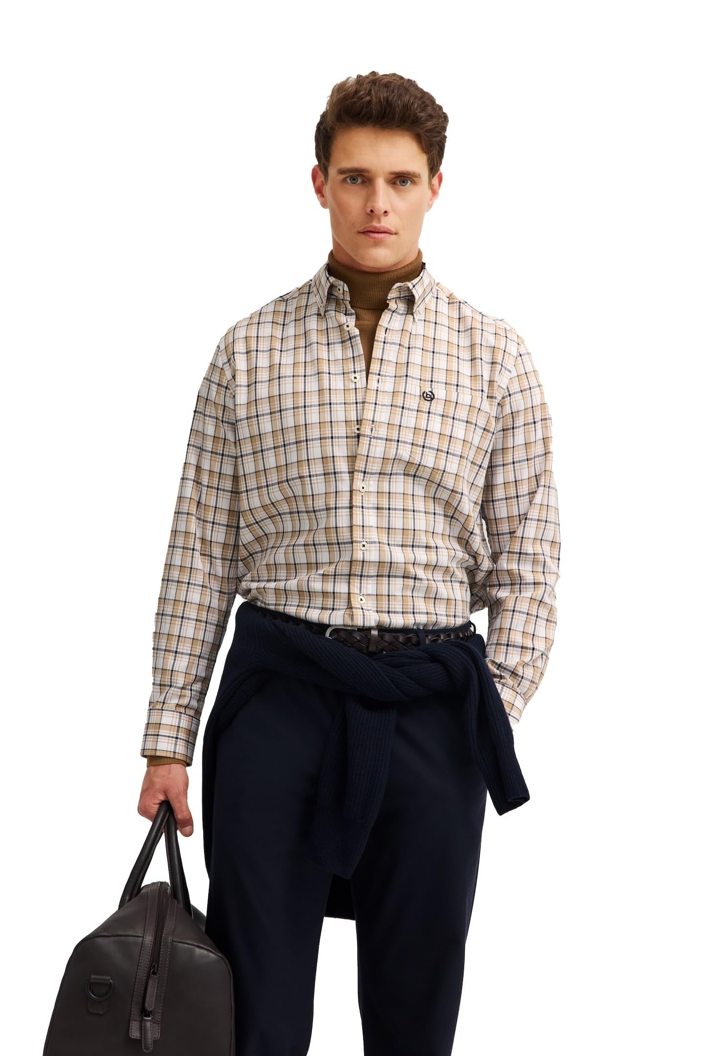 bugatti Herren Freizeithemd Langarm 9350-88400D Modern Fit Baumwolle Button-Down-Kragen Easy-Care Karo-Muster