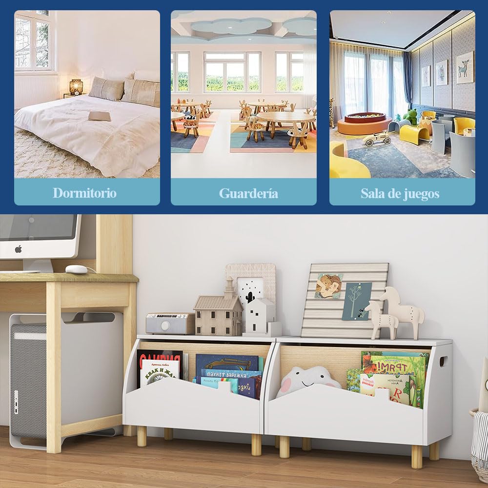 SOARS Organizador Juguetes Infatil, Baul Juguetes con Tapa Abatible, 2 Gran Espacios de Almacenamiento, Caja Juguetes para Niños con Patas de Madera de Pino, 60 x 30 x 44cm (Blanco)