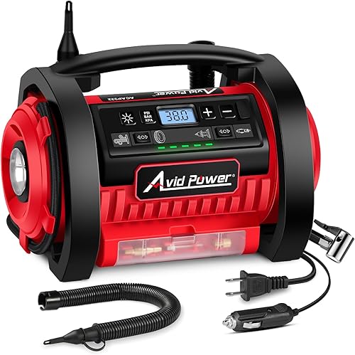 Avid Power - Compresor de aire para neumáticos, bomba para neumáticos de doble potencia de 12V CC110V CA con modos de inflación y deflación, motores