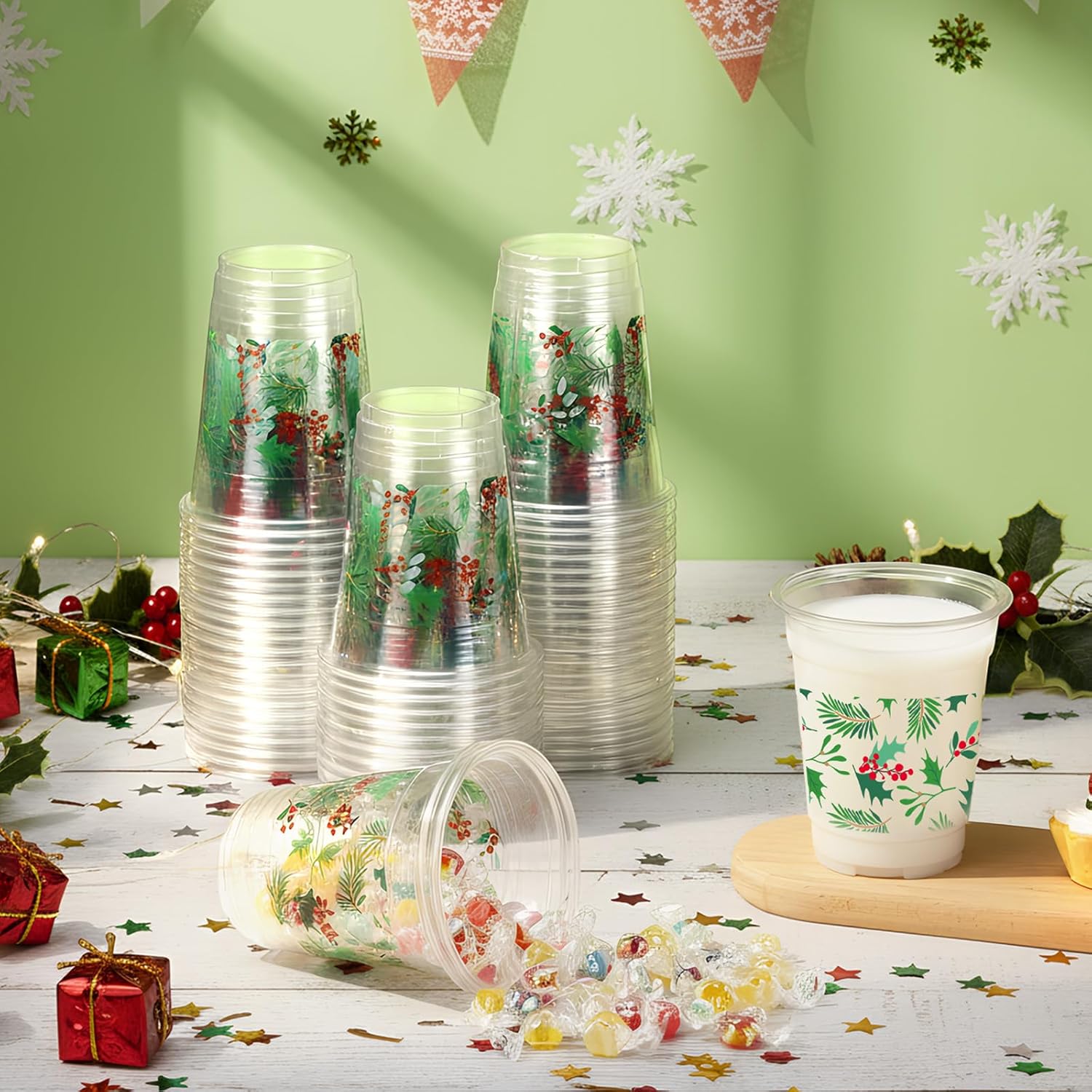 60 Pack Christmas Plastic Cups 12 oz Seasonal Holly Leaf Disposable Clear Plastic Drinking Cups for Xmas Christmas Winter Holiday Party Decoration Supplies - Image 6