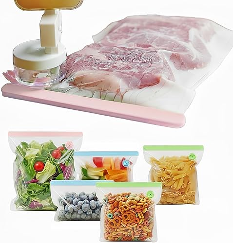 SealVax Paquete de 6 bolsas reutilizables de sellado al vacío para alimentos, incluye bolsas azules, verdes y rosas, con bomba de vacío de mano,