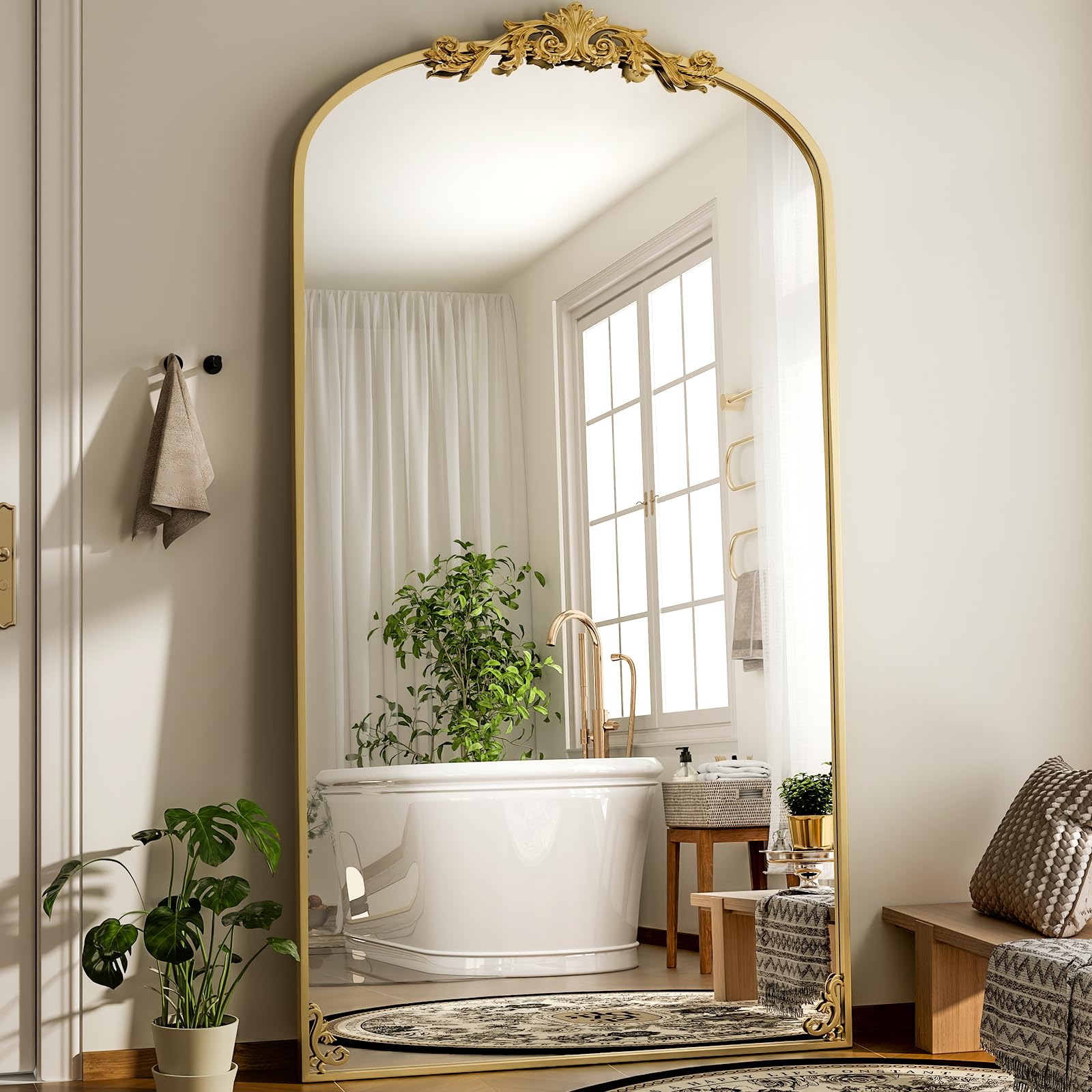 GLSLAND Oversized Vintage Mirror - 72"x 44" Full Length Mirror Large Carved Arched Mirrors with Metal Frame Baroque Full Body for Bathroom/Living Room/Entryway,Gold