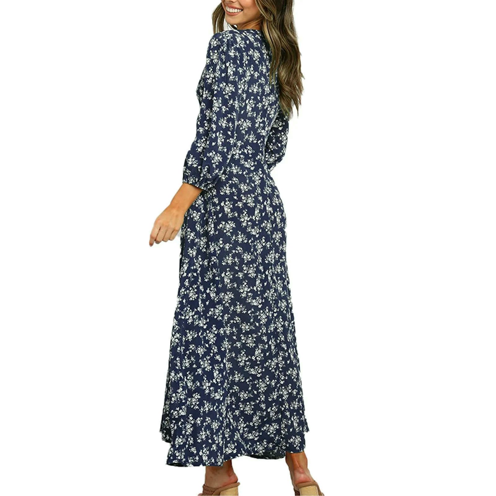 Vestito Donna Rosso Fiore Bohemian Maxi Abito, V-Collo Alta Vita 3 4 Manica, Abito Casual Fluente per La Spiaggia Estiva E Le Vacanze-Red-m