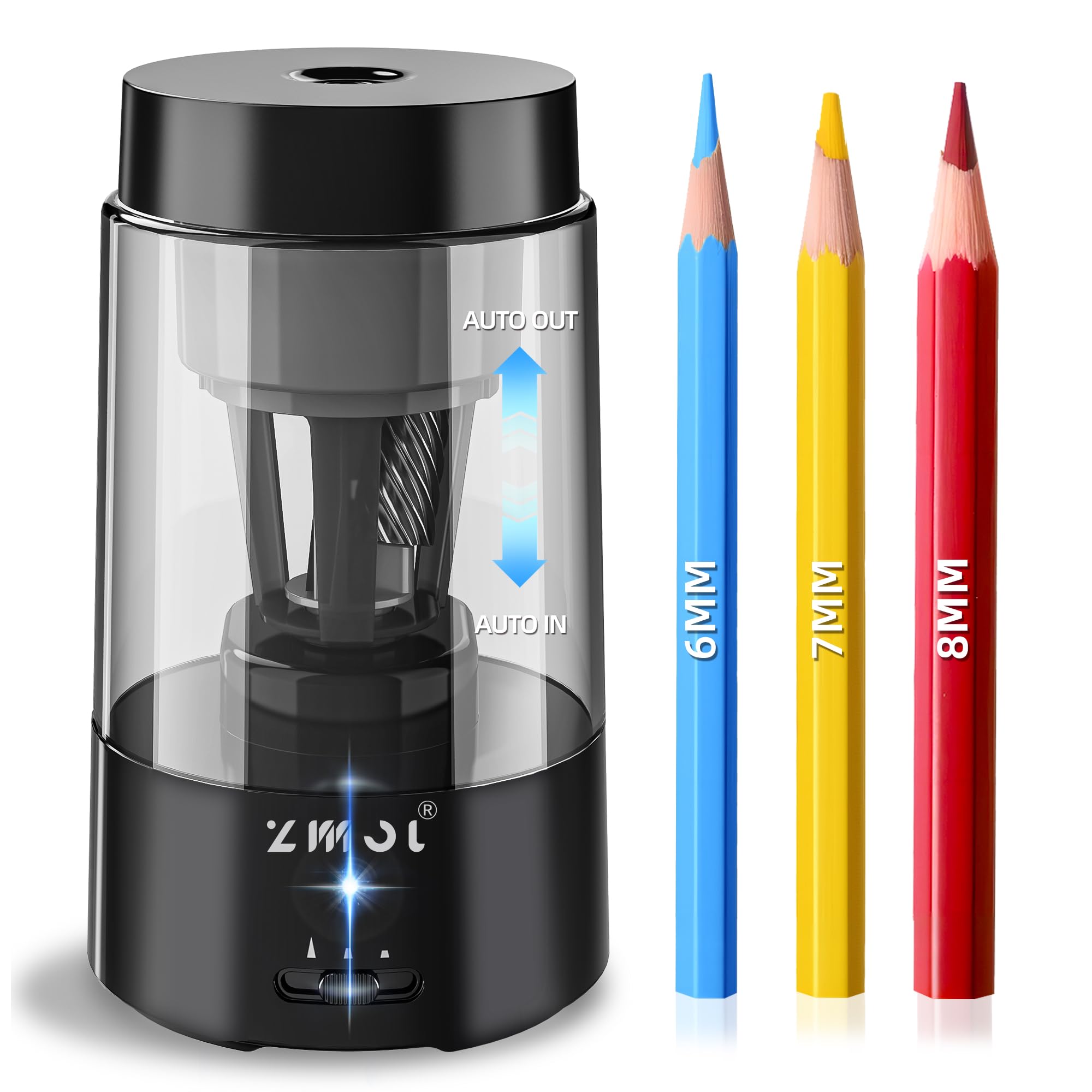 ZMOL Fully Automatic Pencil Sharpener for Classroom, Hands-Free,Battery Operated Rechargeable Electric Colored Pencil Sharpeners, Auto Stop,Suitable for No.2/Office/Home/School