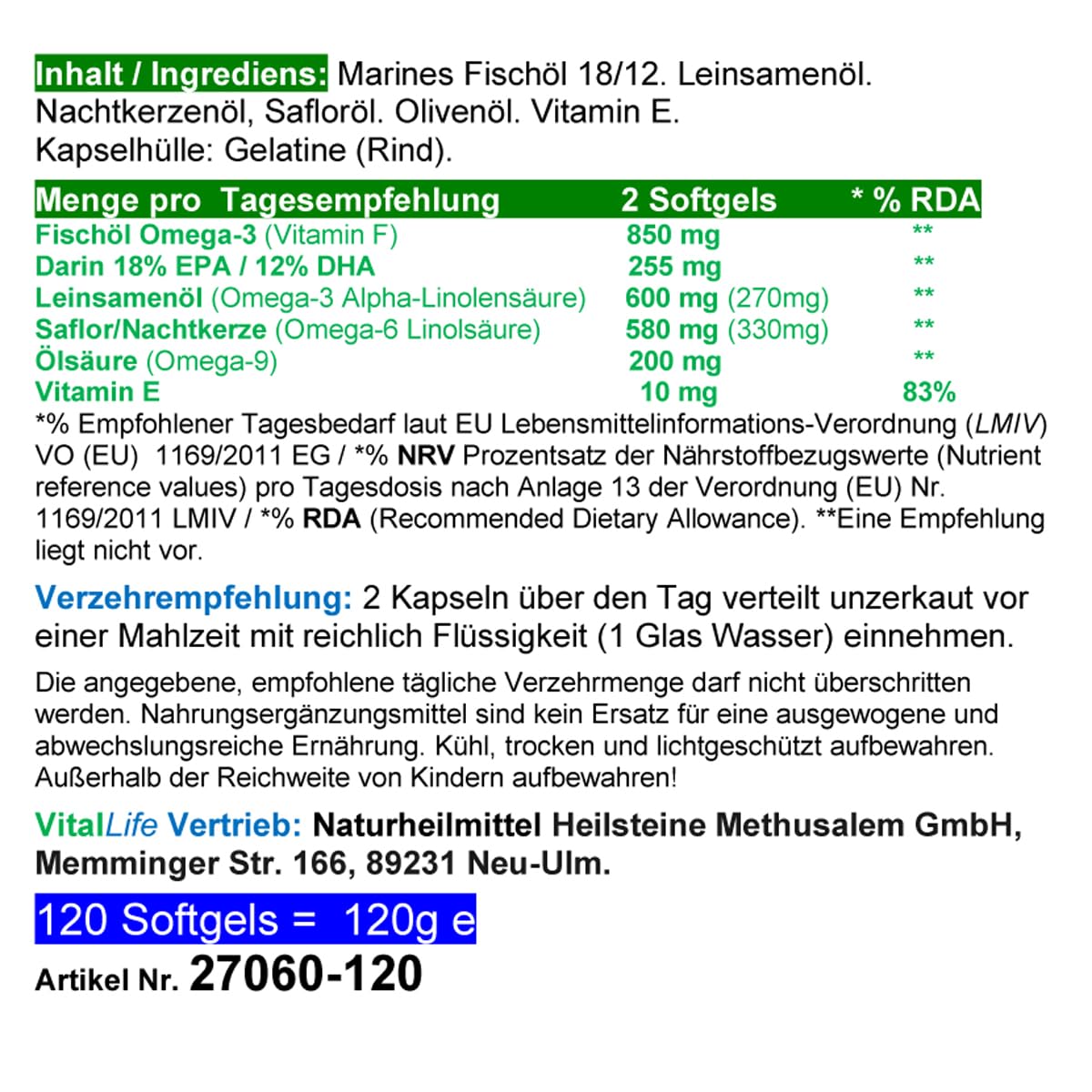 OMEGA 3-6-9 EPA + DHA + ALA - 360 (3x120) Kapseln 2000mg ESSENTIELLE Fettsäuren/Tag - BLUT - HERZ - KREISLAUF - GEHIRN - ZELLEN - CHOLESTERIN - Mit Antioxidans Vitamin E - OHNE ZUSATZSTOFFE. 27060-3