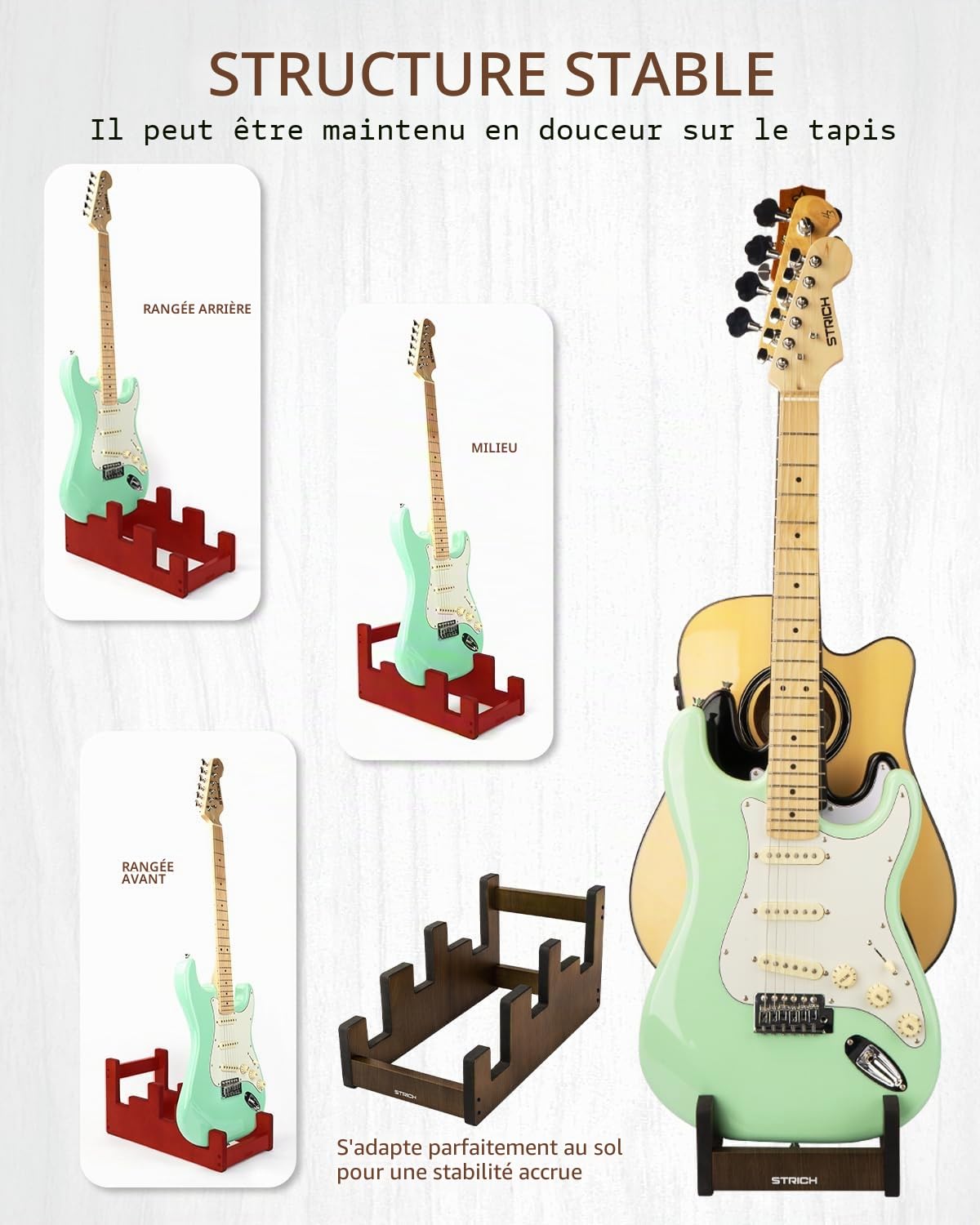 STRICH L-2E1AW Support de guitare en bois pour plusieurs guitares, 3 supports, affichage frontal, gain de place, pour la maison, le studio, la scène, couleur noyer, L-2E1AW (pour 2 guitares