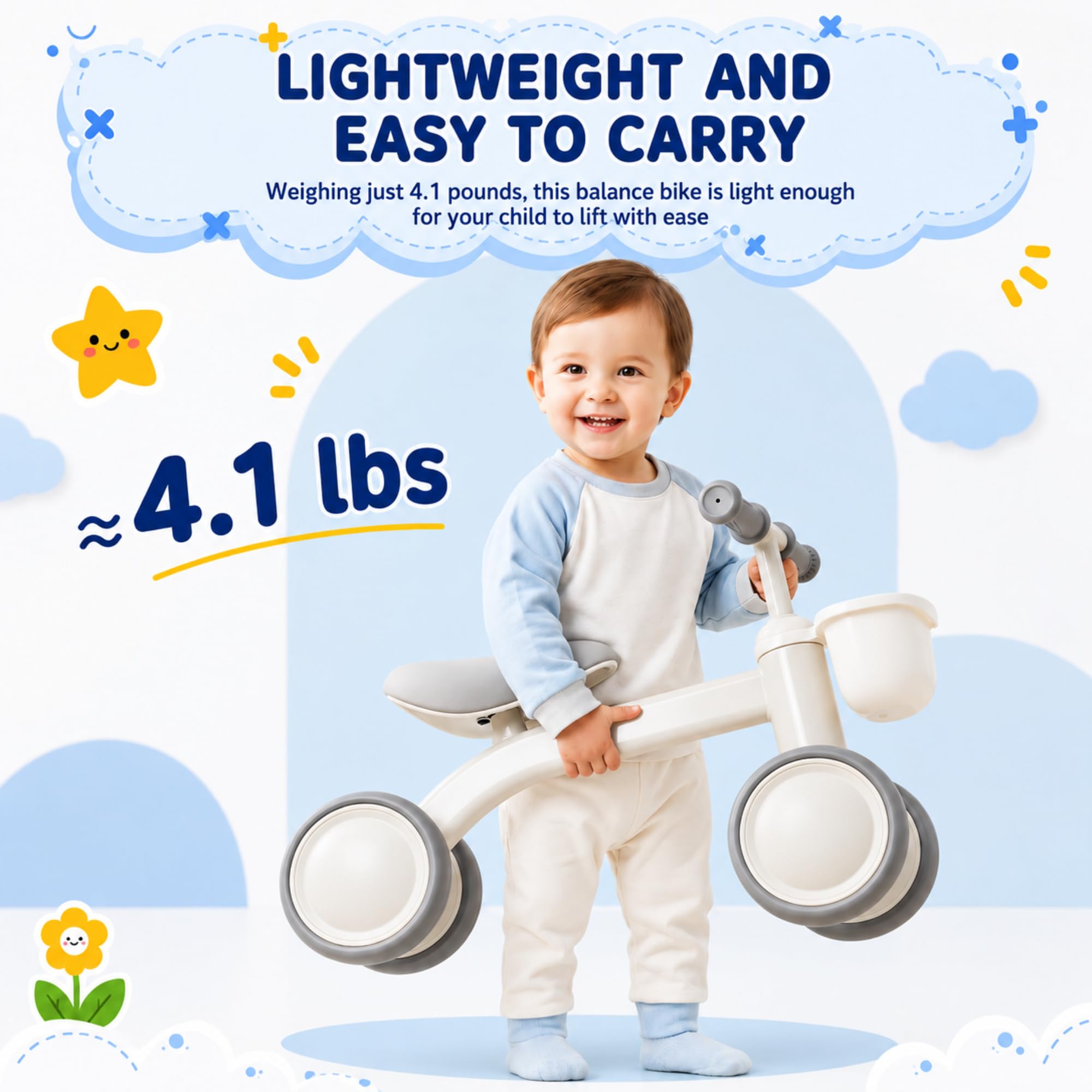 Garvee Draisienne Bébé 1 an 4 Roues, Vélo sans Pédales avec Panier, Blanc, Jouet Enfant pour 12-24 Mois
