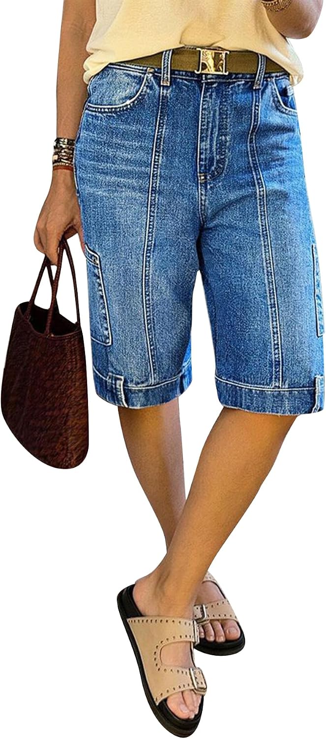 Flamingals Straight Leg Denim Shorts for Women Bermuda High Rise Seam Front Patch Pocket Trendy Shorts