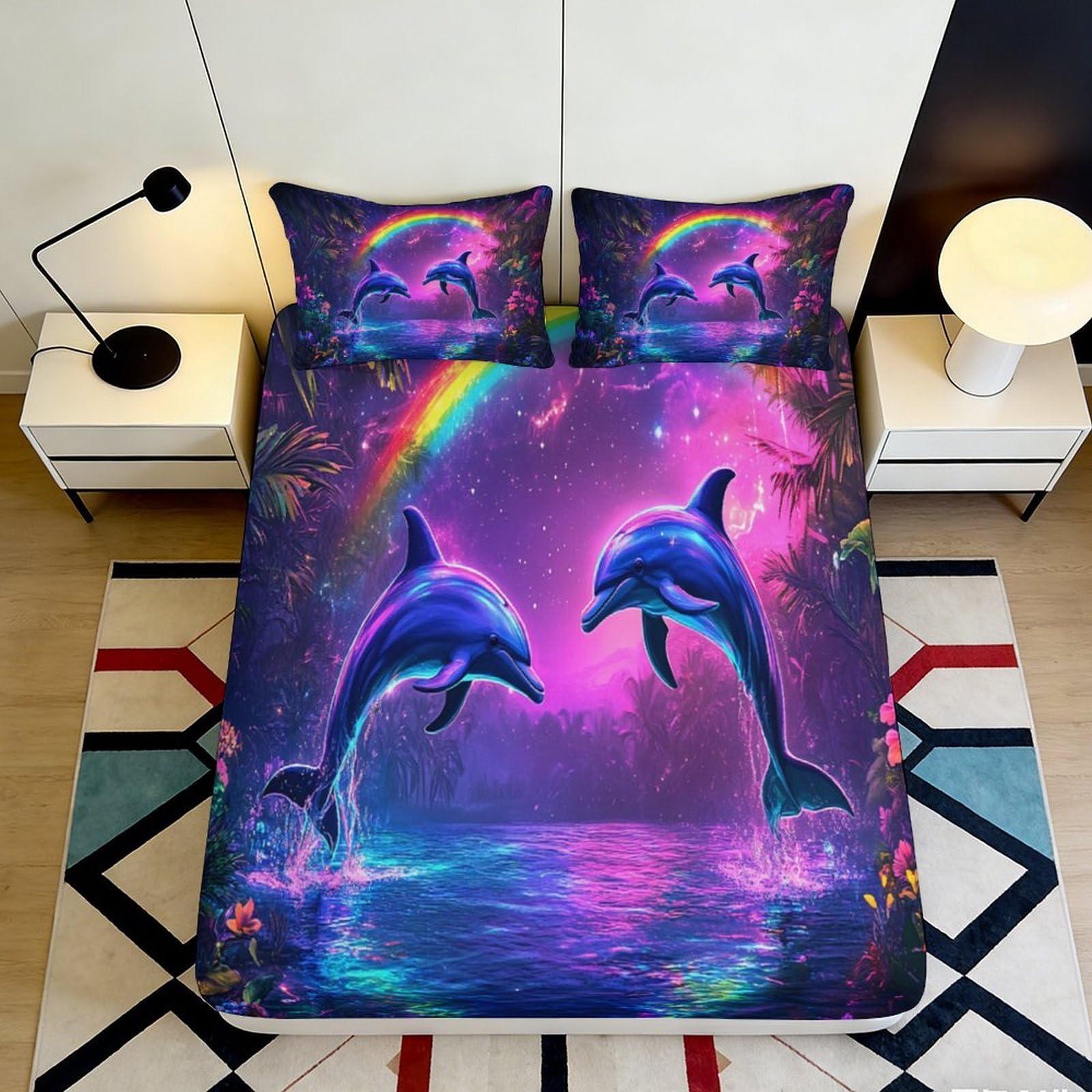 3D Printed Neon Dolphin Fitted Sheet Microfiber Rainbow Ocean Mattress Cover for Bedroom Dorm Apartment Decor 90x200x25cm