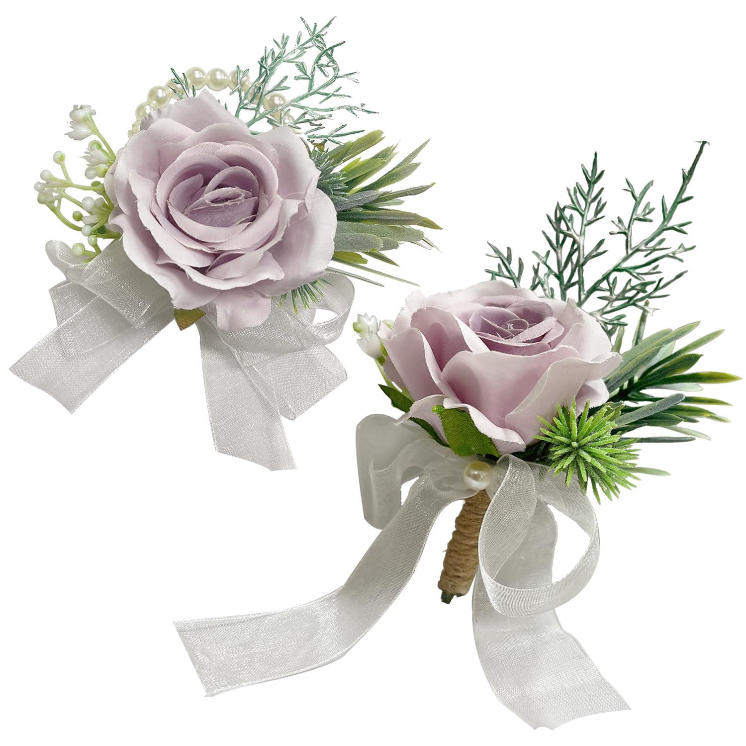 WEISPARK Ivory Rose Wrist Corsage and Boutonniere Set, Wristlet Band Bracelet and Men Boutonniere for White Wedding Flowers Accessories Prom Suit Decorations (A-Purple)