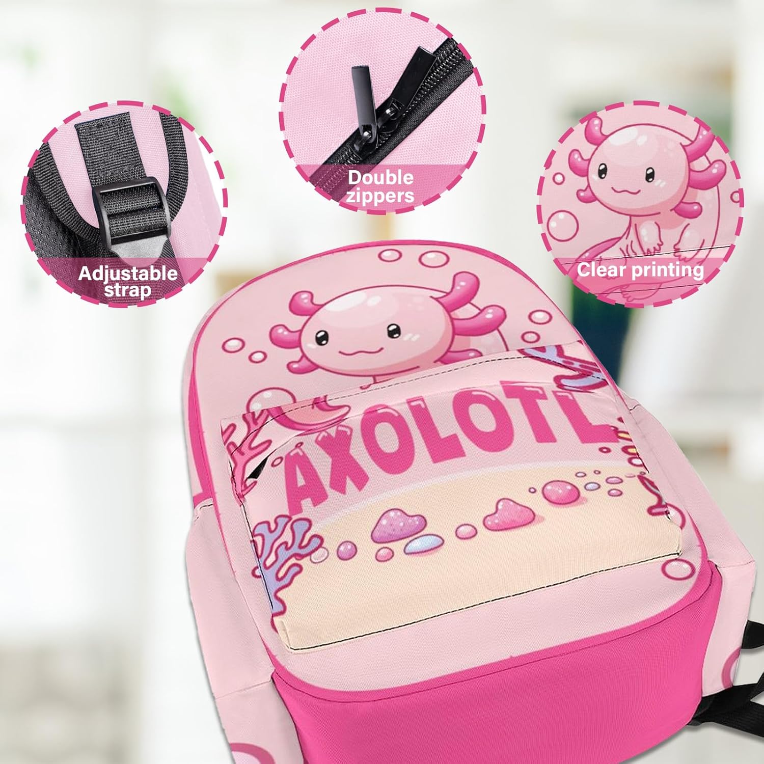 Axolotl Backpack for Girls Boys, 16.5 Inch Axolotl Theme Bookbag with Adjustable Straps, Large Capacity School Cartoon Backpack