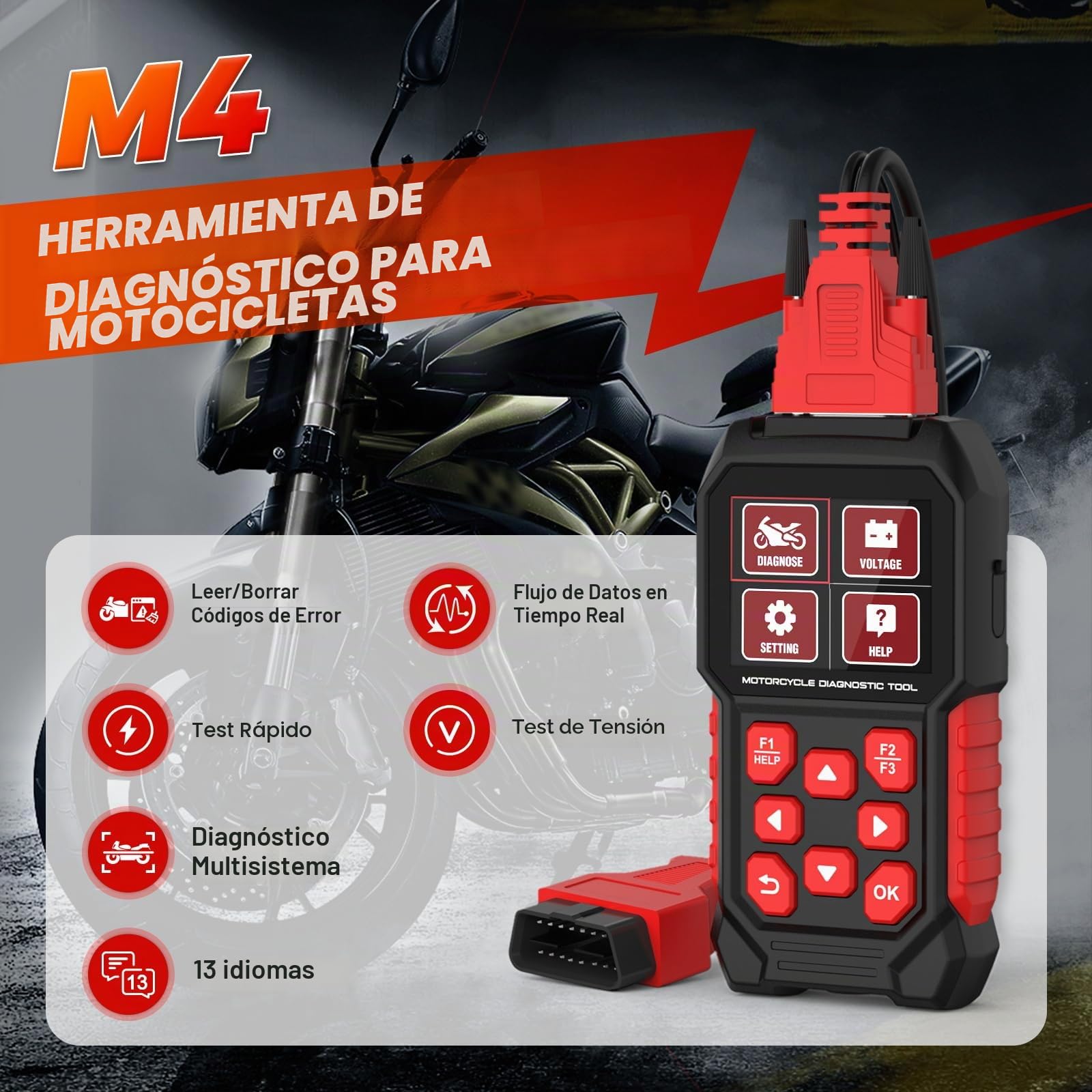 Escáner de motocicleta, herramienta de diagnóstico de motocicleta, lector OBD M4, herramienta de diagnóstico de motocicleta, lectura/borra códigos de falla, prueba rápida y de voltaje, lector de