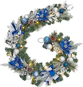 GarveeHome 6ft Christmas Garland with 20 LED Lights, Prelit Xmas Garland for Mantle with Timer Blue Silver Balls, 8 Lighting Modes, for Indoor Outdoor Fireplace Stairs Railing Decorations