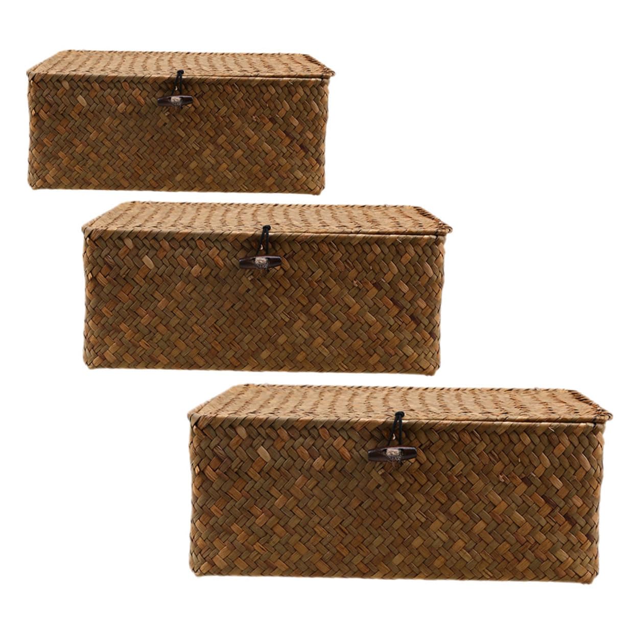 Levemolo 3 Stück Aufbewahrungskörbe aus Seegras mit Deckel Geflochtene Rustikale Aufbewahrungskorb Boxen mit Feiner Verarbeitung für Kosmetik und Schreibtisch