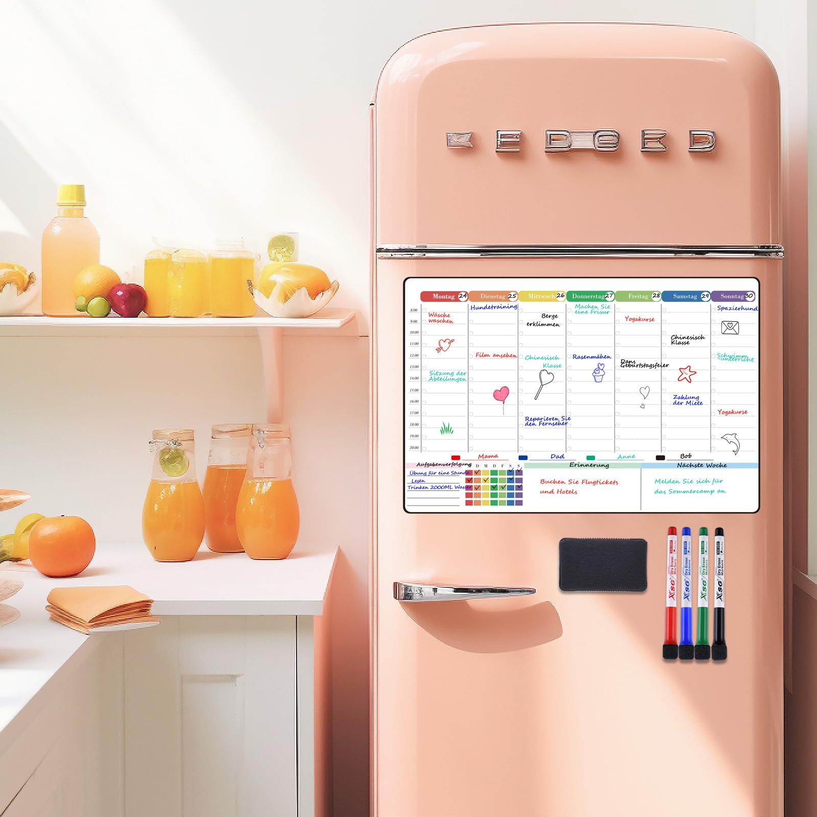 POPRUN Magnetisch Wochenplaner Whiteboard Abwischbar für Kühlschrank, Haushaltsplaner Familienplaner Stundenplan Perfect als Wochenplan Kinder,Essensplaner,Memoboard,Einkaufsliste, 42×28cm auf Deutsch