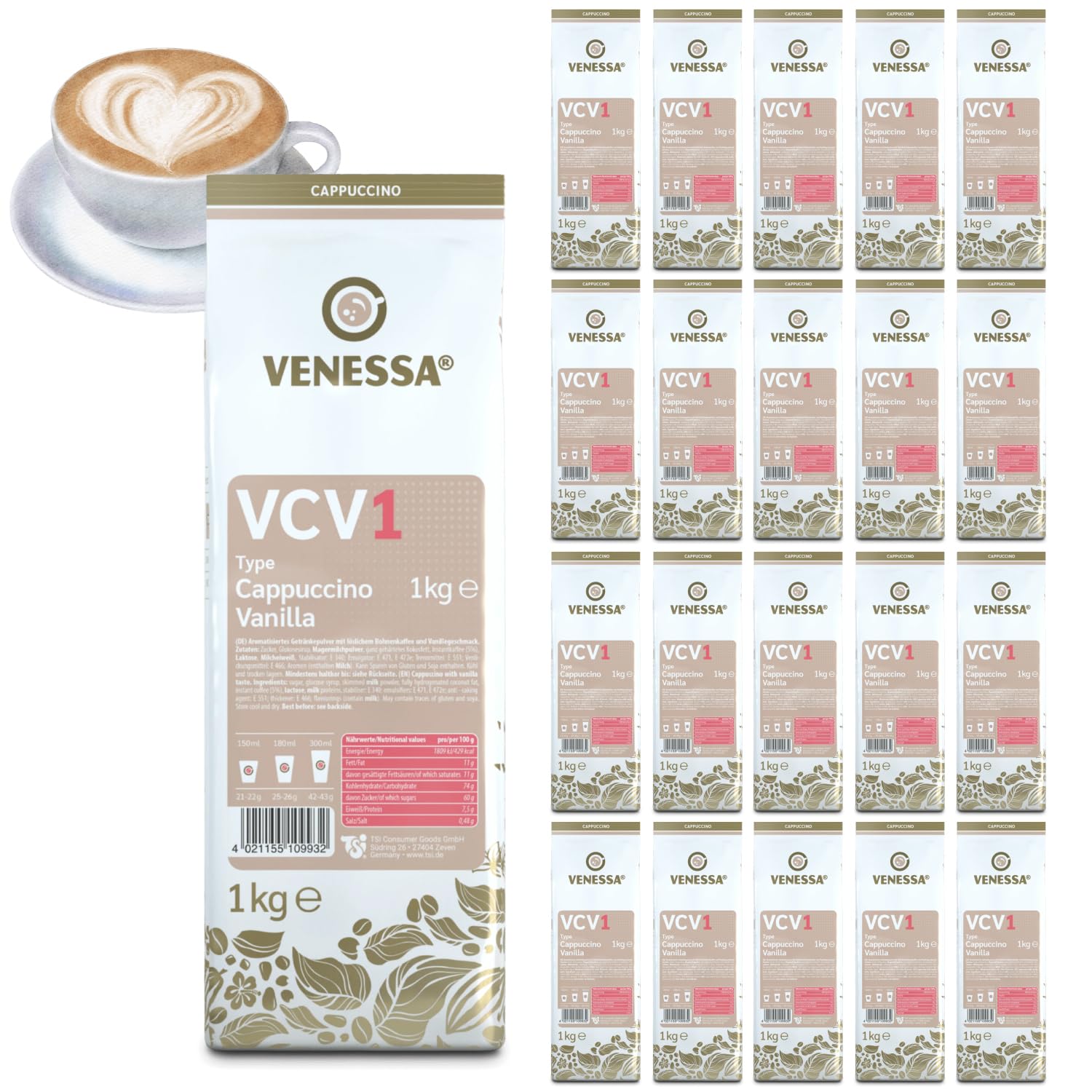 VENESSA VCV1 Cappuccino Vainilla 20 x 1 kg – Pack ahorro – Café instantáneo con sabor a vainilla – Cappuccino cremoso con fina vainilla – Apto para todas las cafeteras automáticas