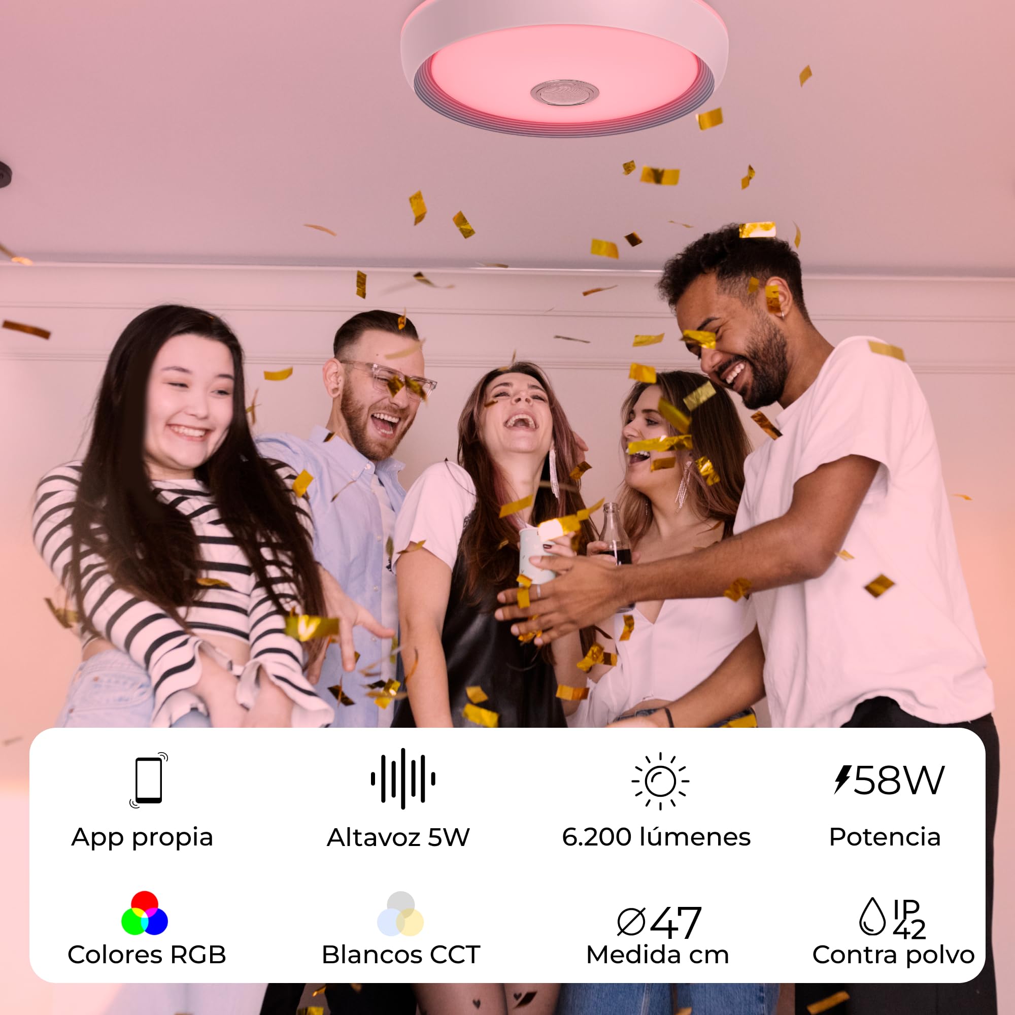 KSIX Glory Plafón Led Inteligente Techo con Altavoz, Color regulable RGB, 6200 lm, Ø47cm, Luz Controlable con Mando a Distancia y App, para Cocina Dormitorio o Infantil, Resiste polvo y salpicaduras