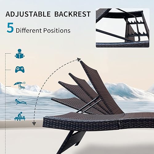 Miniatura 5 de Juego de 2 sillas reclinables con respaldo ajustable de ratán para exteriores, juego de 2 sillas plegables, tumbonas plegables de mimbre para patio