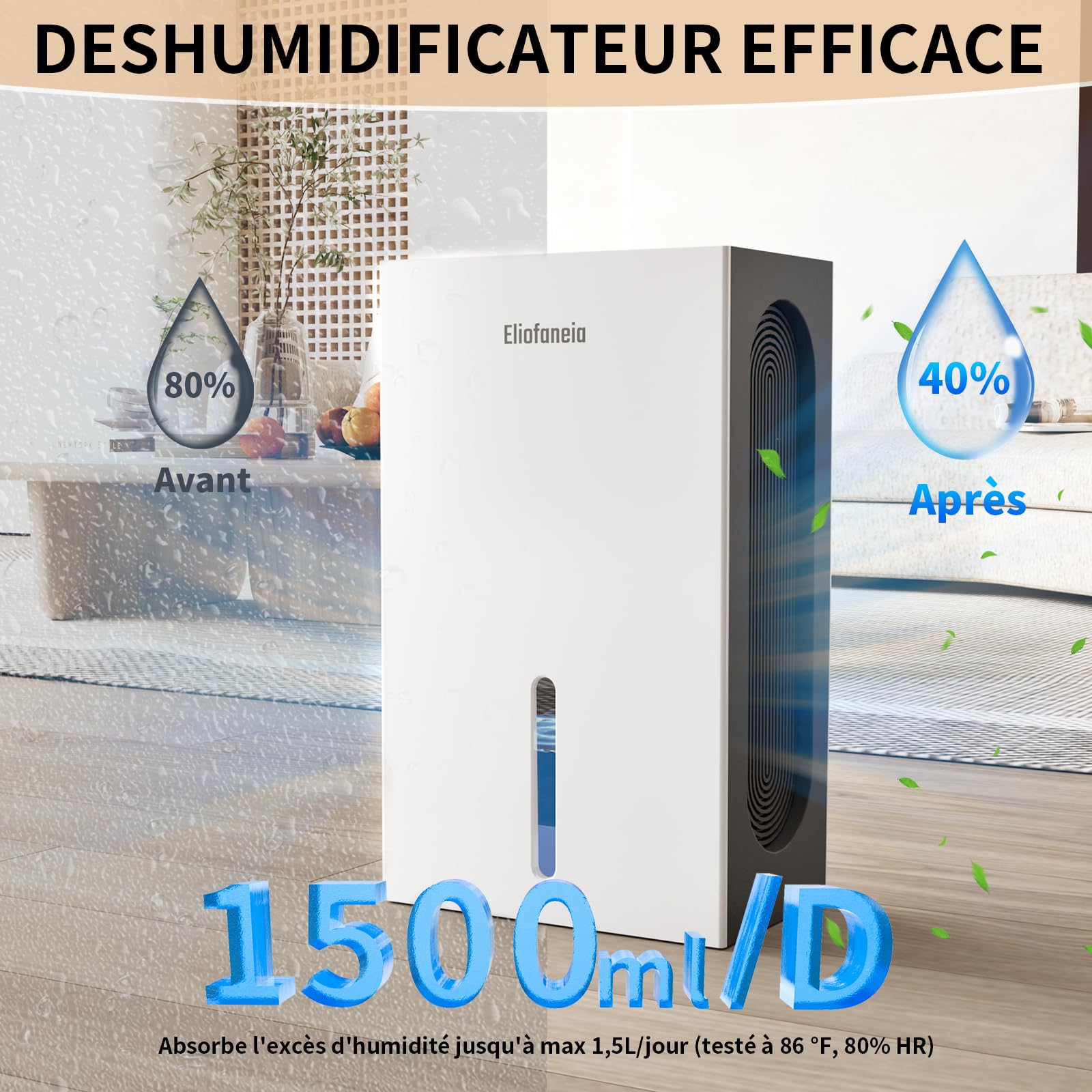 Déshumidificateur d'Air Puissant 1500ml/Jour - Technologie Unique 4 Condenseurs (+150% d'Efficacité) - Grand Réservoir 2,4L ou Drainage Continu - Ultra Silencieux, Mode Nuit, Maison & Chambre