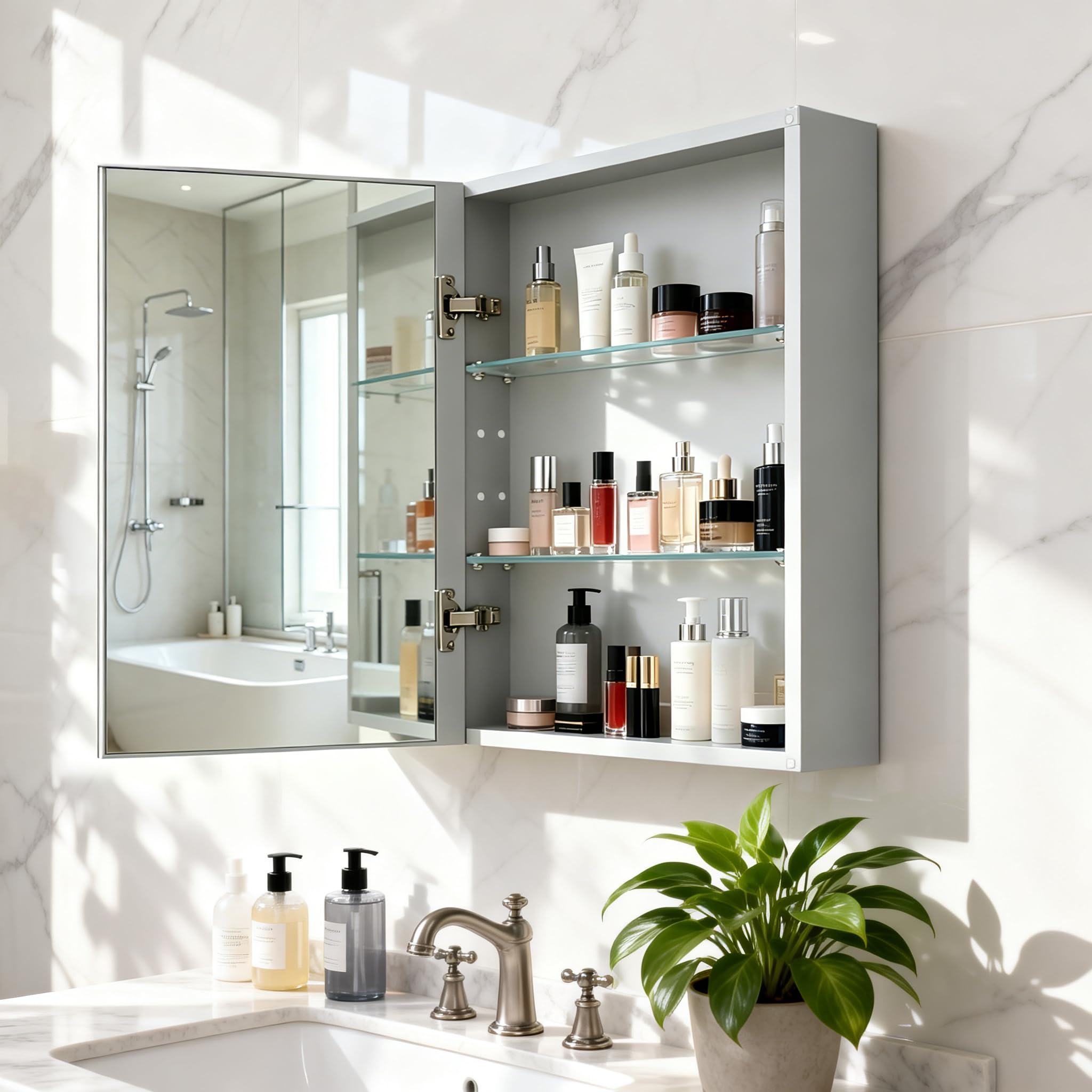 Botiquín de baño de 45 x 60 cm con espejo, marco de aluminio, ligero, resistente y atractivo, apto para empotrar o montar en la pared, estantes ajustables, vidrio templado