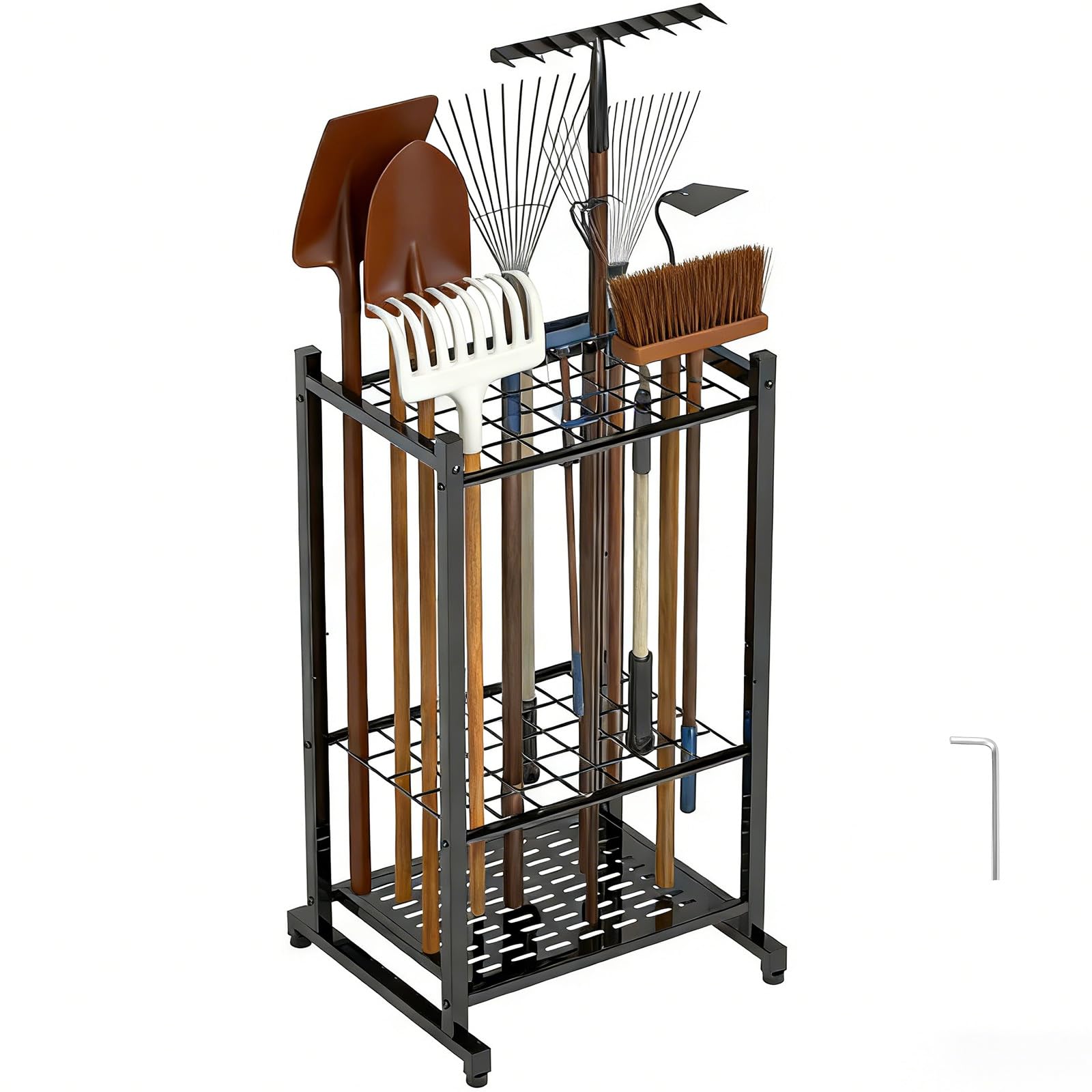 Makdly Garden Tool Storage Rack, 3 Tier Heavy Duty Free Standing Organiser, Metal Shed Storage Organiser for Garage, Yard, Patio, Indoor Outdoor Use, Wall Mountable, Black