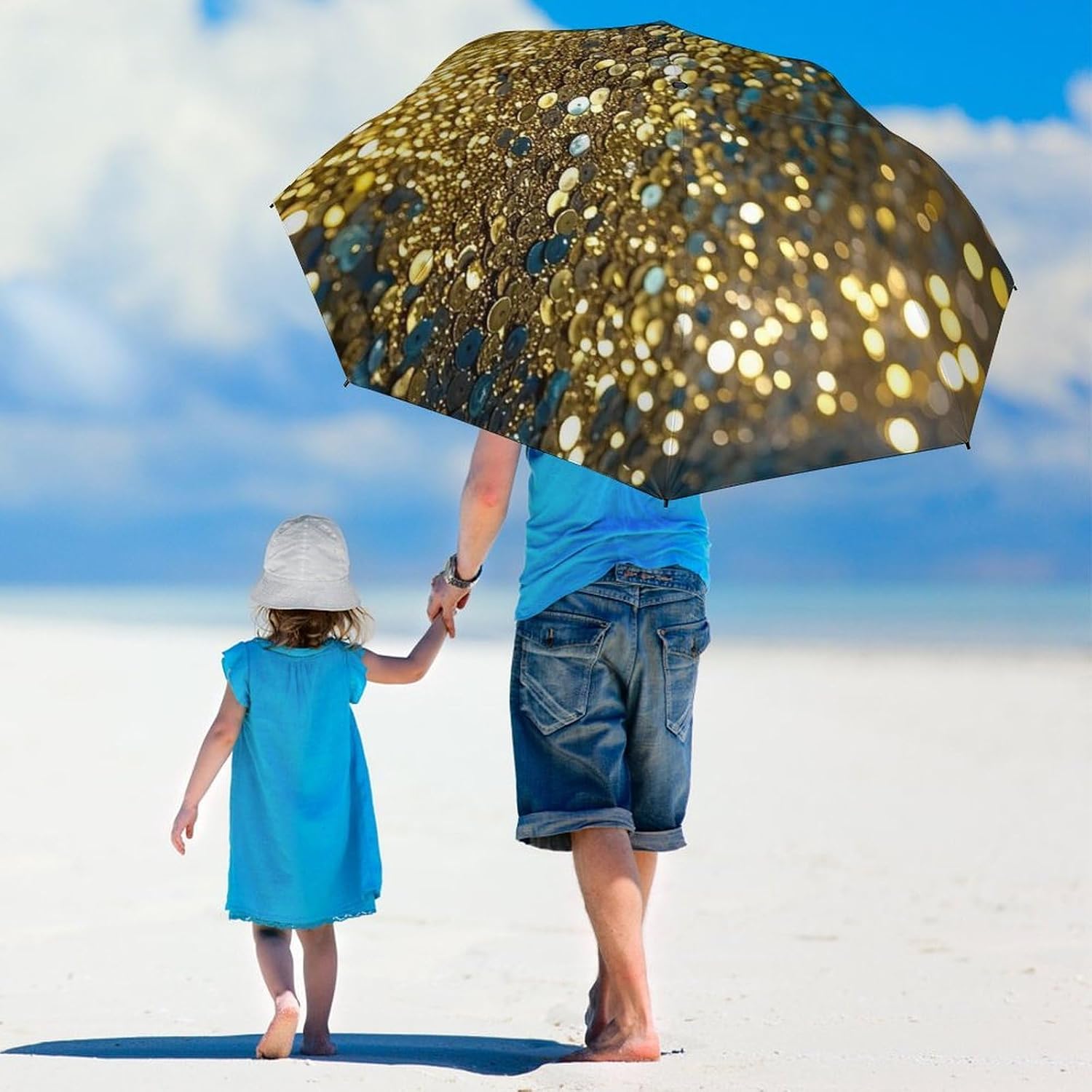 Gold Sequin Sparkle Umbrella for Rain Golf Umbrella | 43.3 inch Travel Portable Automatic Folding Umbrella for Rain Lightweight Travel Umbrella for Women Men