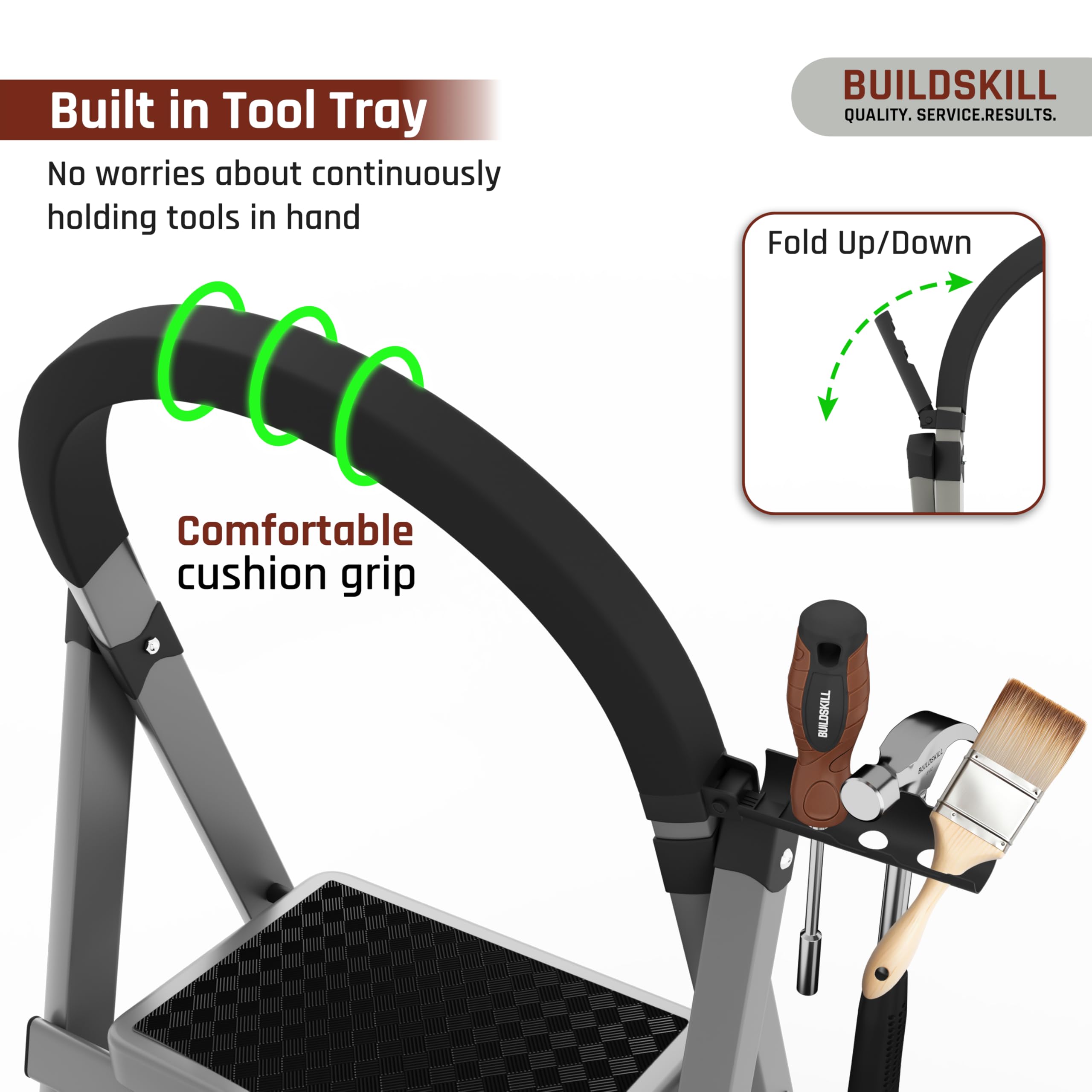 BUILDSKILL Ladder for Home 7 Steps Foldable with Built-in Tool Tray | Heavy Duty D Shape Rods | 20 x 30cm Large Platform | Wide Rubber Feet | Secure Lock | 150Kg Capacity - 5 Years Warranty — Amazon image 4
