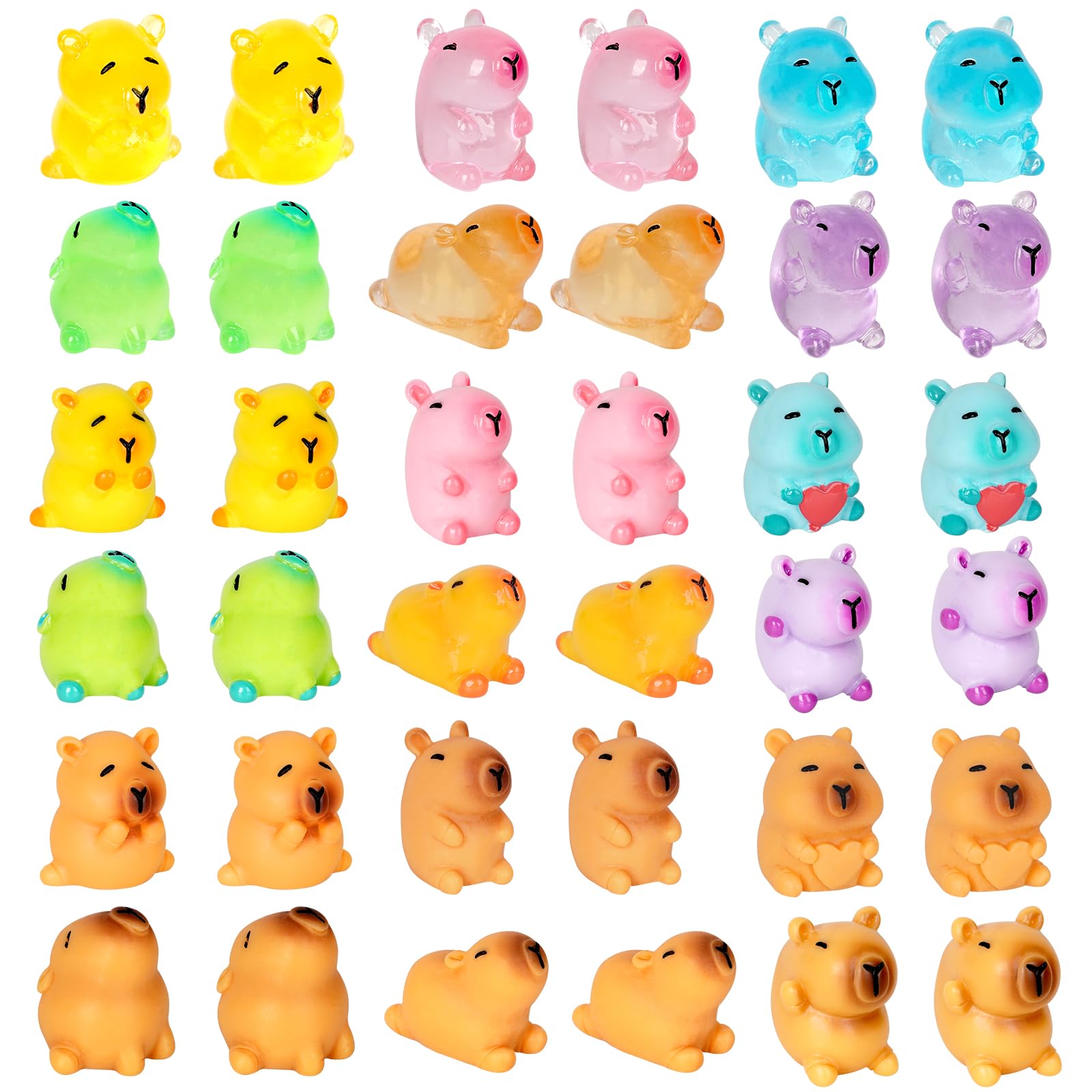EMPHASISY Mini Capybara Figurines, 36 Pack Miniature Cute Capybara Classic and Luminous Resin Animals for Fairy Garden Bonsai Miniature Landscape