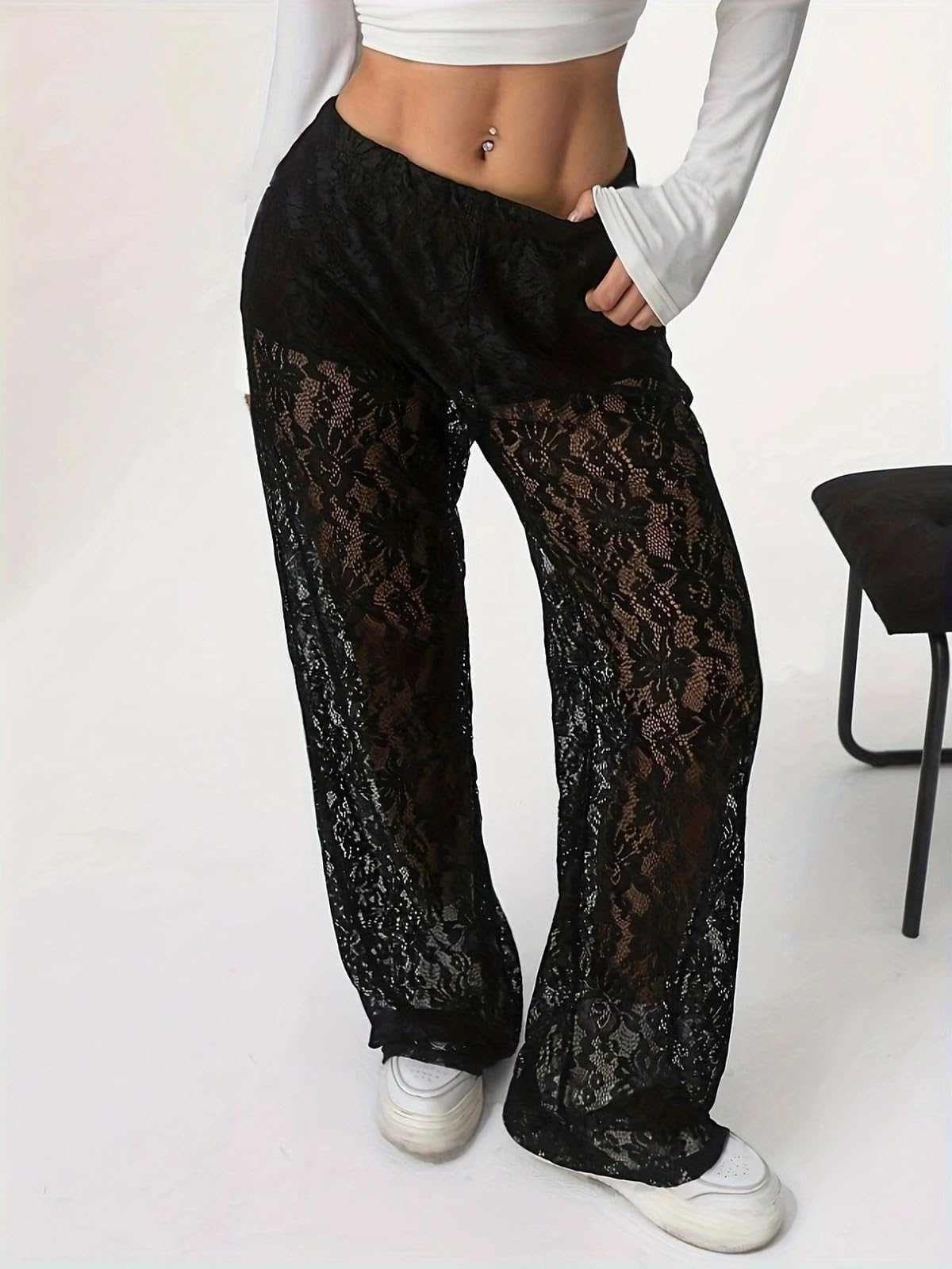 Générique Pantalon Chic en Dentelle Transparente pour Femme Taille Haute Coupe Flatteuse avec Doublure intérieure
