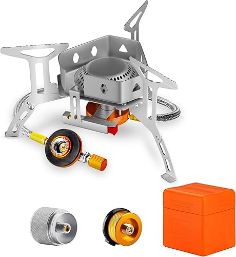 Miniatura 9 de Mini estufa de campamento de 3000 W, estufa de campamento ultraligera con una funda de transporte y un adaptador adicional, compatible con tanques