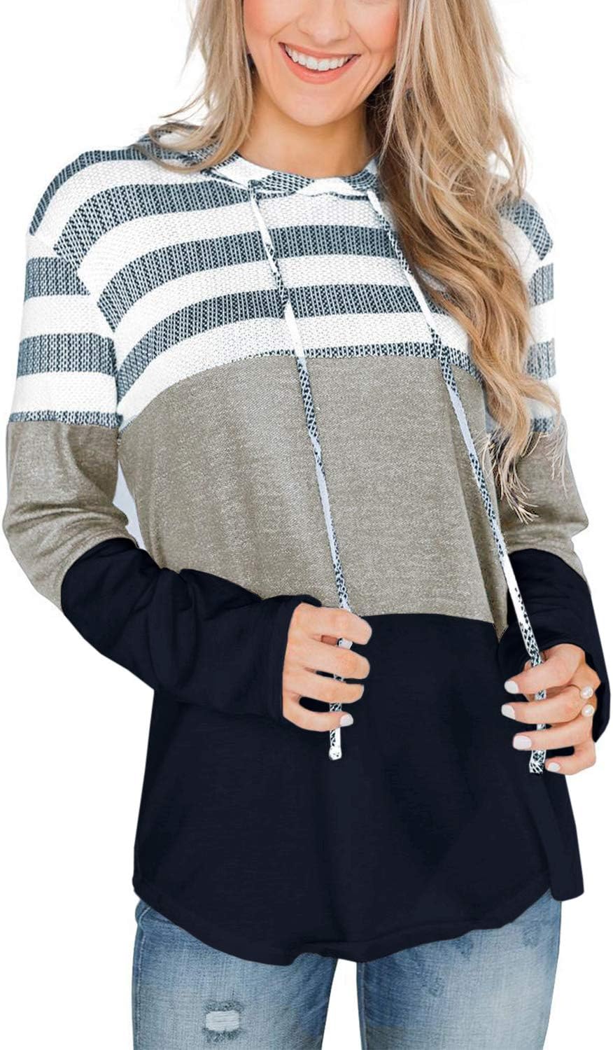 KINGFENHoodies for Women Striped Hooded Pullover Color Block Sweatshirts Oversized